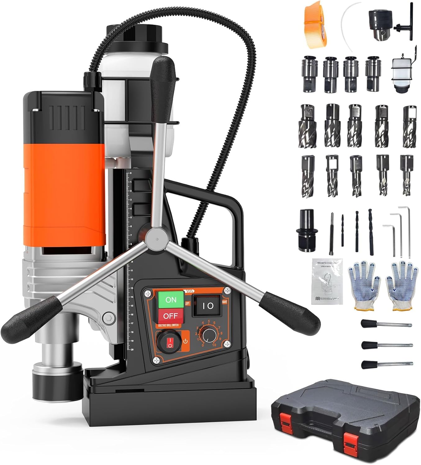 1850W 2" Boring Variable Speed Magnetic Drill Press - 2922Lbf Reversible Portable Mag Drill, 810 RPM with 10 Drill Bits + 3 Twist Drills + Plastic Box for Metal Surface