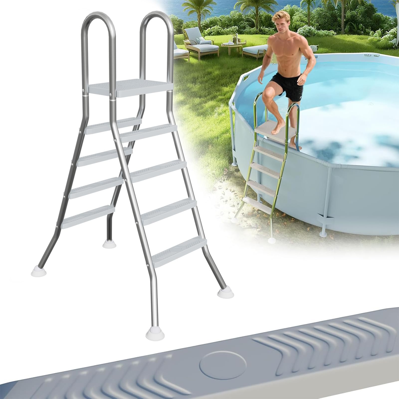 LZQ Échelle de Piscine en Acier Inoxydable - 135 cm de Hauteur - 4 Marches Antidérapantes - Charge Max : 150 kg - Sécurité Antidérapante - Échelle
