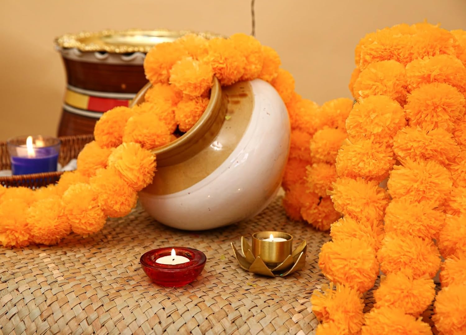 10Pc Marigold Garlands 4.5Ft Artificial Marigold Flower Strands Diwali Decoration Pooja Wedding Home & Indian Festival Décor Vibrant Floral Faux for Día de Muertos & Day of Dead