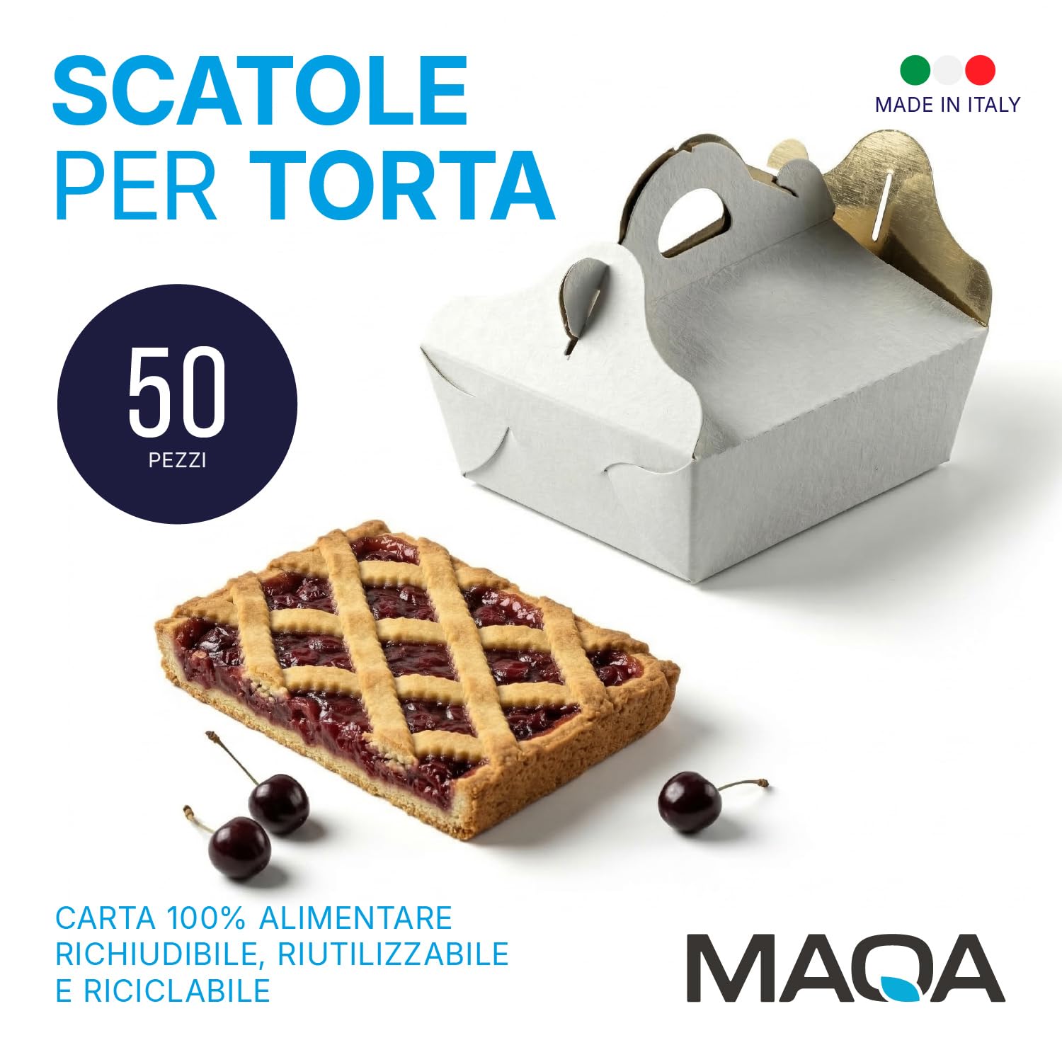 MAQA 25 Pezzi Scatole Porta Torta 15 x 21 cm, Rettangolari in Cartone Bianco e Oro con Maniglia, Porta Dolci, Pasticcini e Biscotti per Asporto, Feste, Pasticcerie e Catering