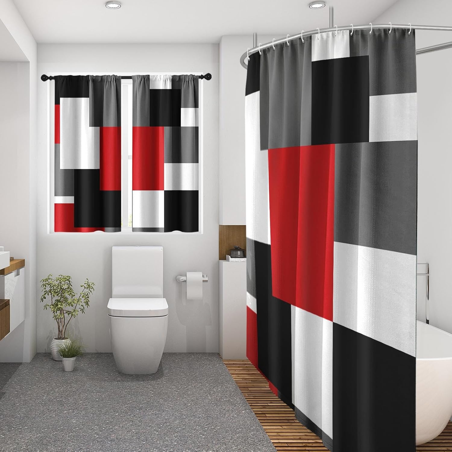 Geometric Red White Shower Curtain Set, Black and Gray Modern Bathroom Window Waterproof Shower Curtain Set for Bathroom Decor