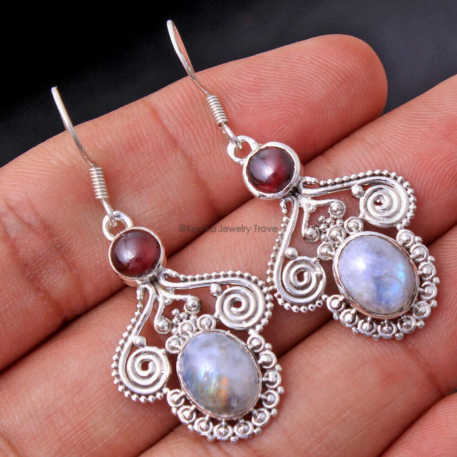 Pendientes de plata sólidos 925 para mujeres y niñas, piedra de luna de plata esterlina, aretes de granate dolte de la declaración, regalo de dama de honor, joyas hechas a mano
