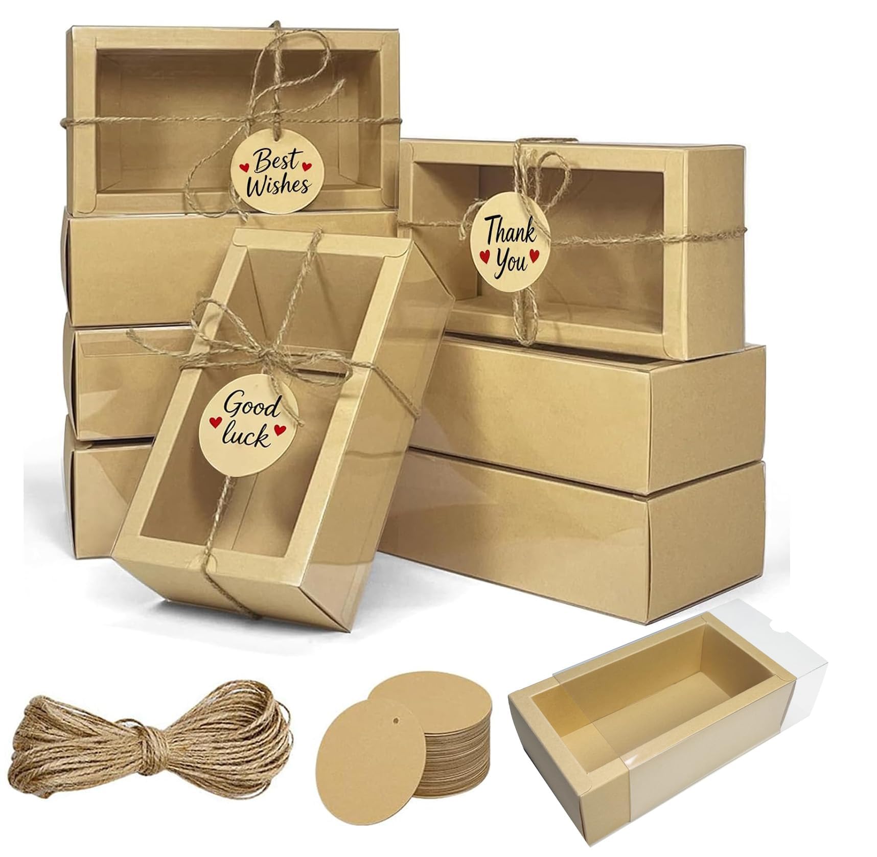 Confezione da 30 scatole in carta kraft con finestra, scatola regalo per sapone, dimensioni esterne 16,5 x 8,9 x 5,1 cm, piccola scatola regalo con etichette vuote, corda di iuta e rafia, ideali per