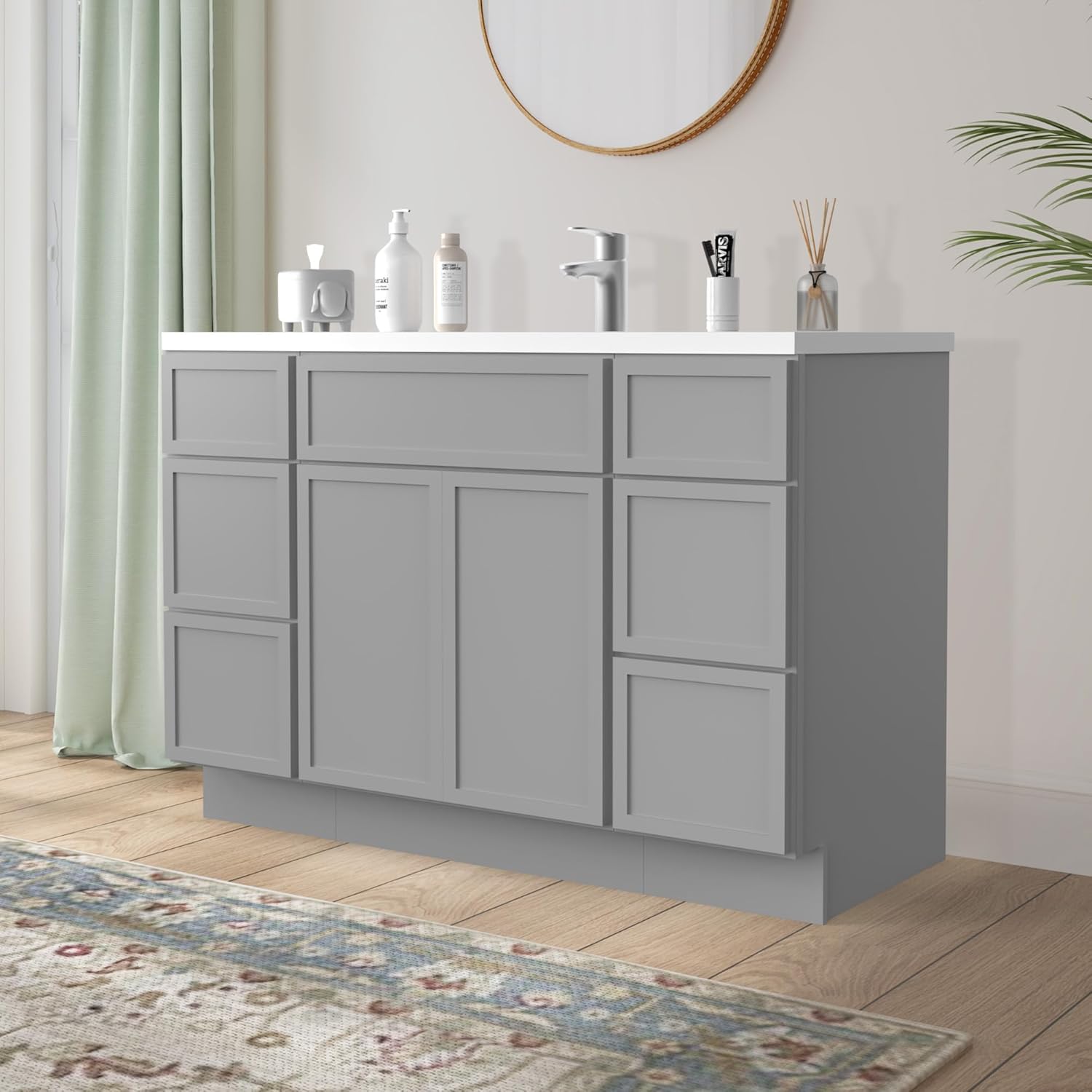 Vanity Art 48" Bathroom Vanity Base Cabinet Not Include Sink Combo, Floor Cabinet Storage Organizer with Soft Closing Door & Drawers, 6-Drawers 2-Door, Grey
