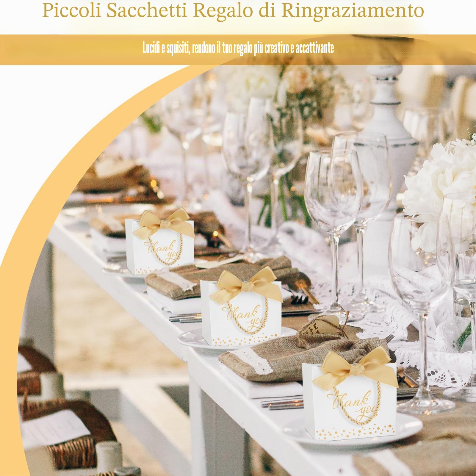 100PZ Piccoli Sacchetti Regalo di Ringraziamento con Manici-14x6x12cm | Bianco Sacchetti Regalo di Ringraziamento, Sacchetto Regalo Con Fiocco Oro per Matrimonio Compleanno Doccia Nuziale Lauree