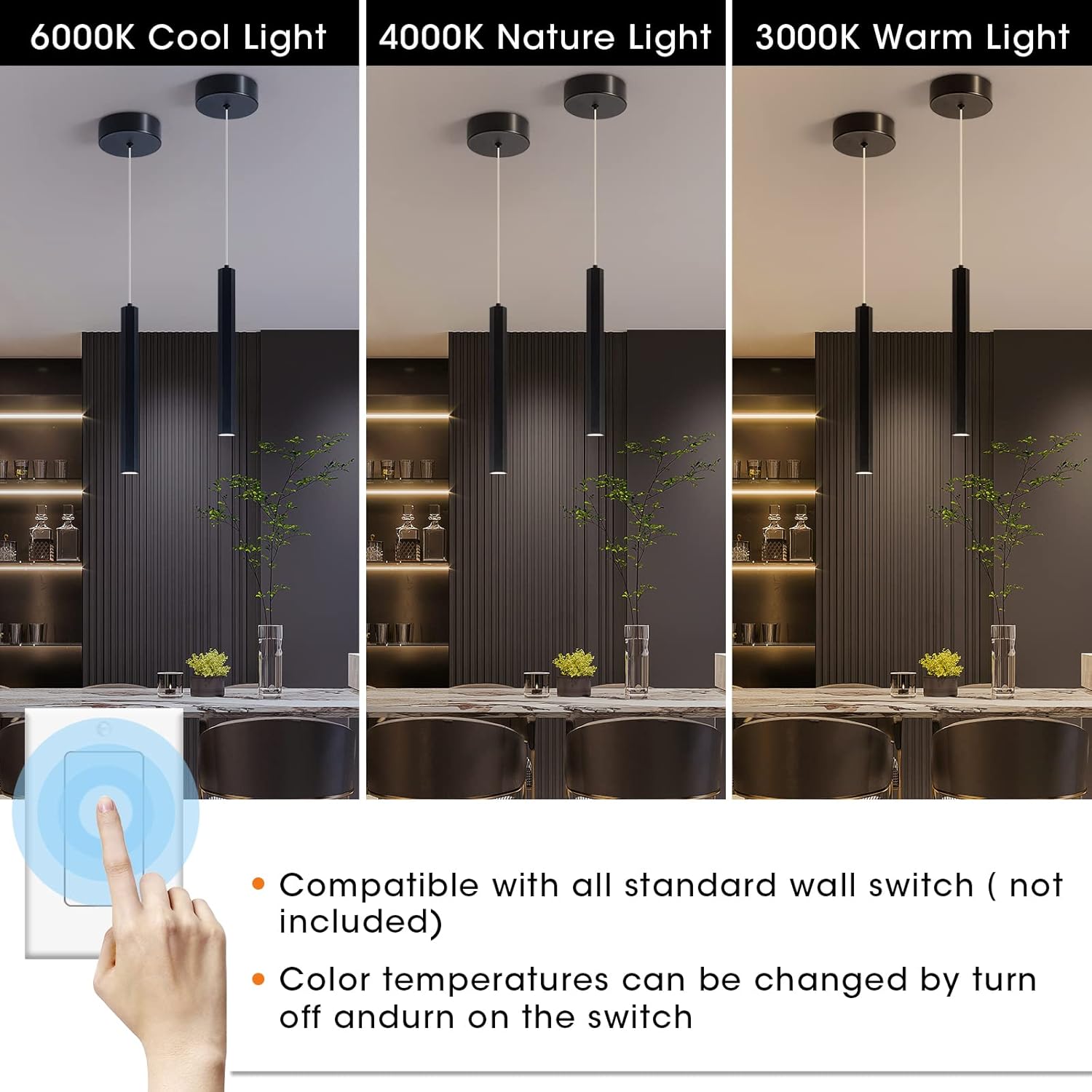 3 Color Changeable Pendant Light,18W Kitchen Island Pendant Lights, 3 Pack Modern Black Mini LED Lighting Fixtures with Clear Bubble Shades for Bathroom Dining Room Living Room