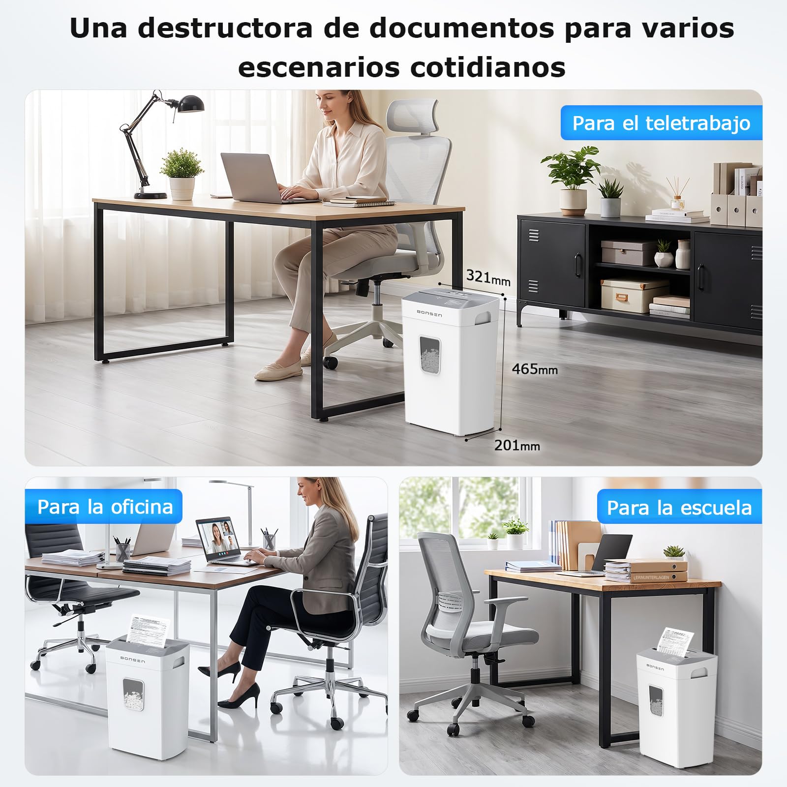 BONSEN Destructora de Papel Microcorte 12 Hojas, Silenciosa 60dB, S5211-W | Depósito 21L, Nivel de Seguridad P-4, Trituradora de Documentos para Hogar y Oficina, Tarjetas de Crédito, Grapas y Clips