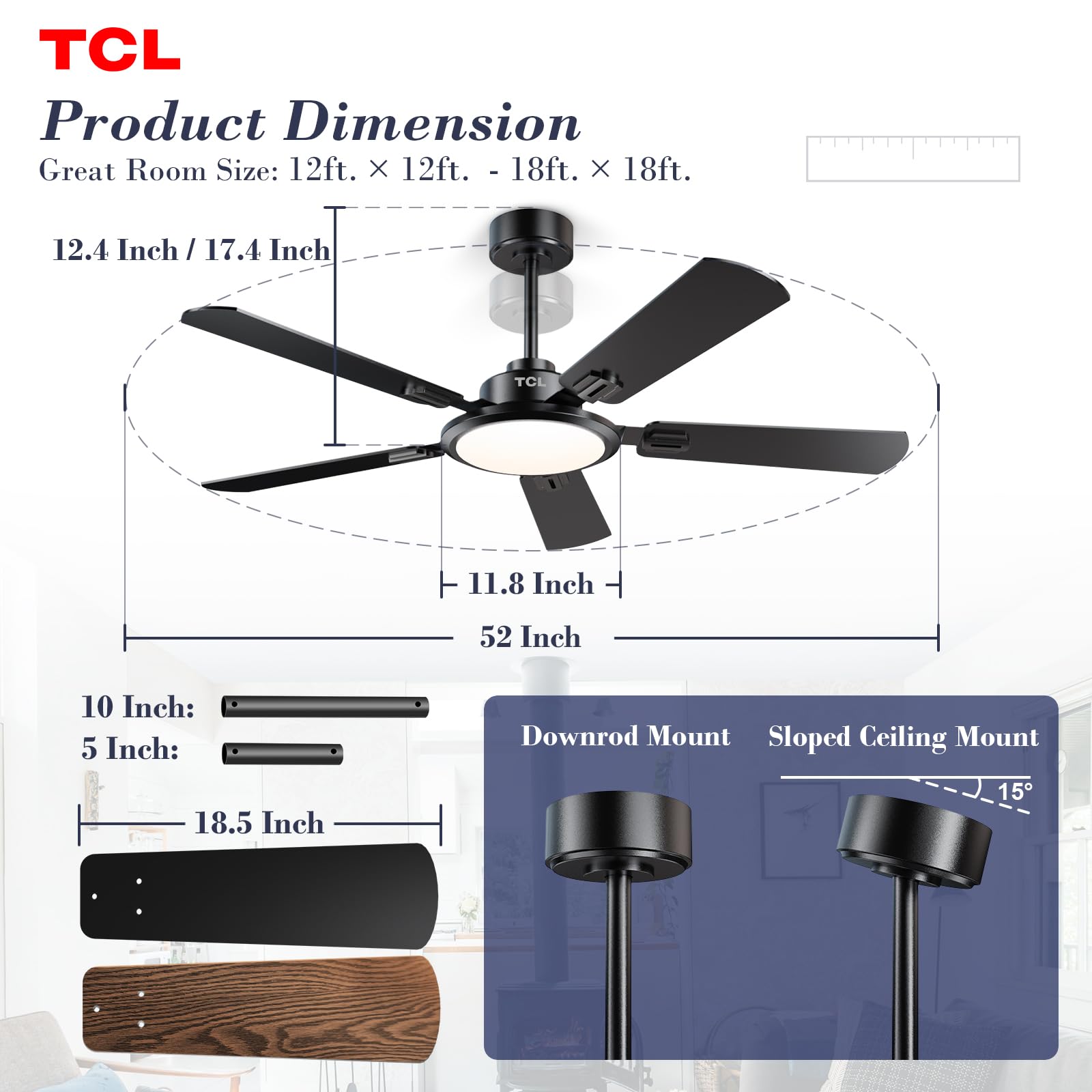 TCL Ceiling Fans with Lights 52 Inch Ceiling Fan with Light and Remote Control Reversible DC Motor Noiseless — view 4