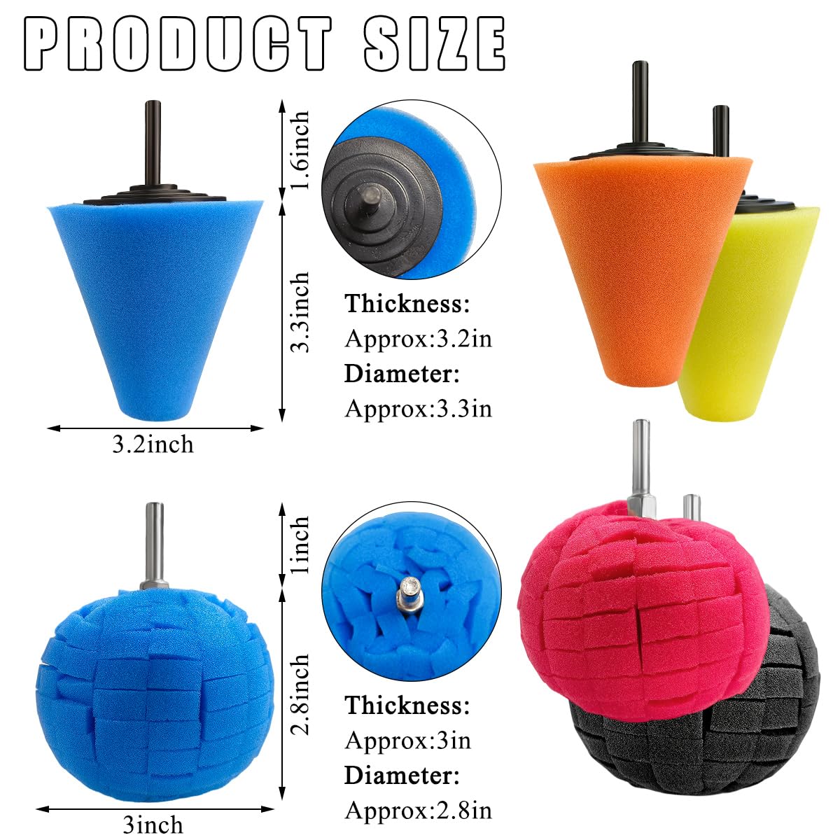 Wevdn 6 PCS Car Wheel Hub Drill Buffing Sponge Pads, Sponge Polishing Cone and Ball Pads Kit, Polishers Pads for Vehicle Wheel Hub Cleaning Care Waxing, Universal Car Accessories