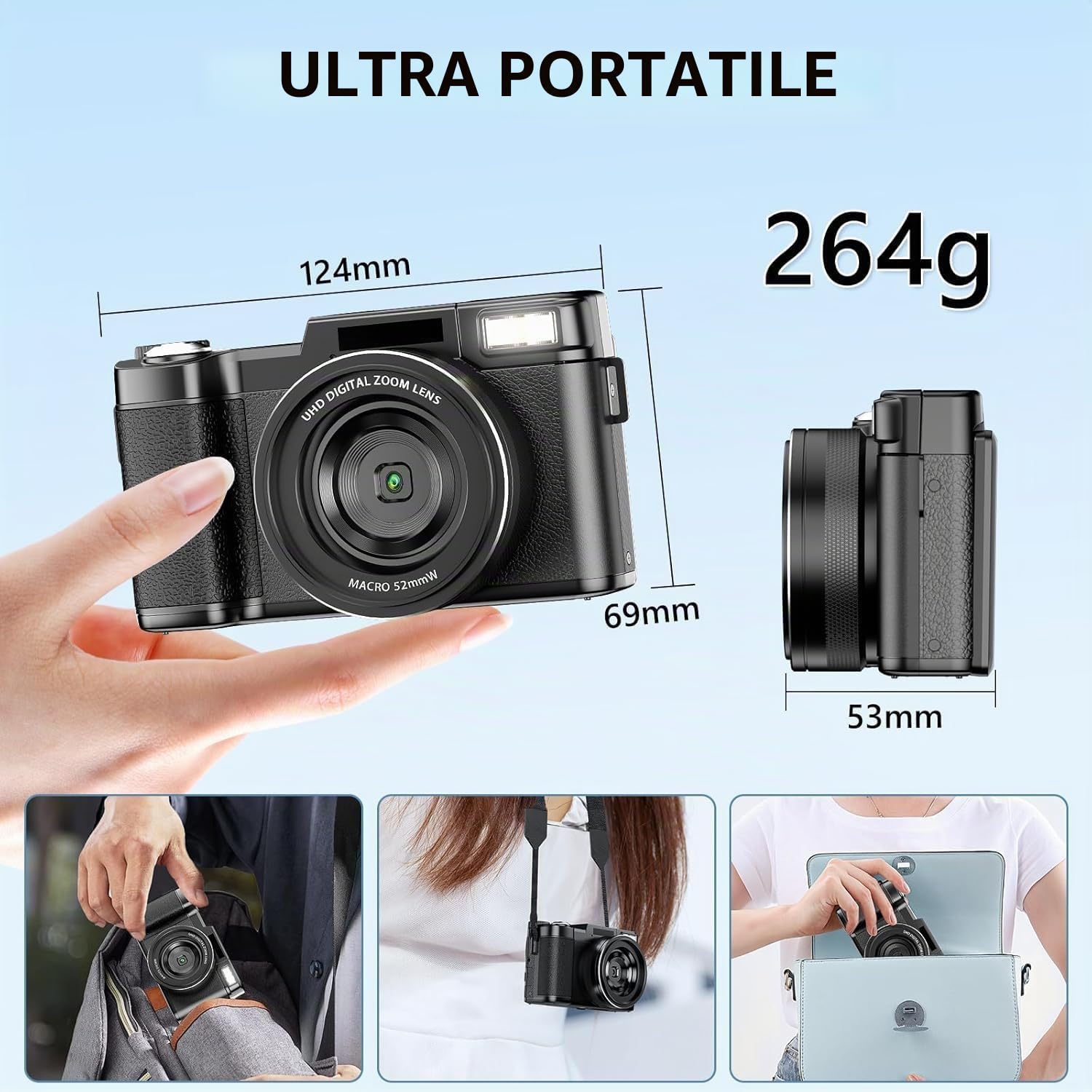 Macchina Fotografica 5K 64MP Zoom Digitale 18X Autofocus Fotocamera Digitale, Schermo IPS 3" Rotante a 180°, Fotocamera per Vlogging con Scheda di Memoria da 32GB,per Principianti