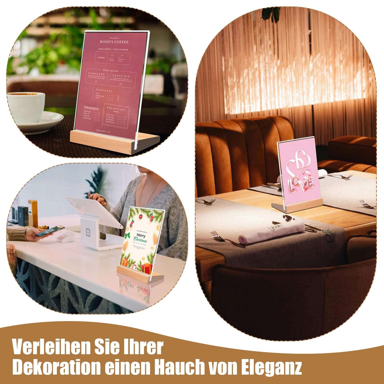 A5 Acryl standaard met houten sokkel, 3 stuks tafelstandaard A5, affichestandaard kan posters, flyers, menukaarten weergeven, L-standaard voor reclamedisplays, restaurant, toonbank (A5