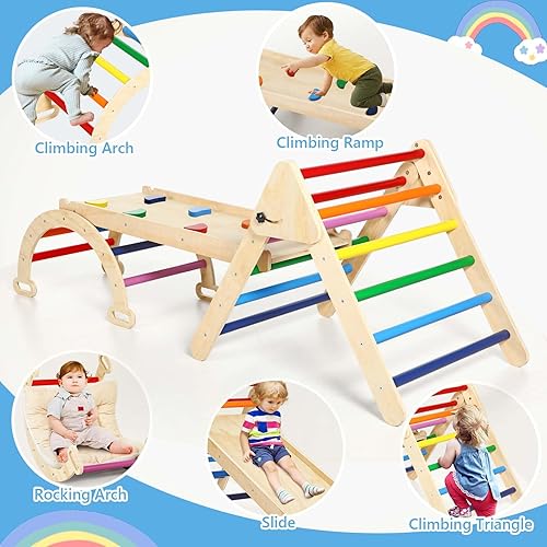 Miniatura 3 de Hoohtoot Juguetes de escalada 5 en 1 para niños pequeños en el interior juego de triángulos de Pikler arcoíris con rampa deslizante de arco