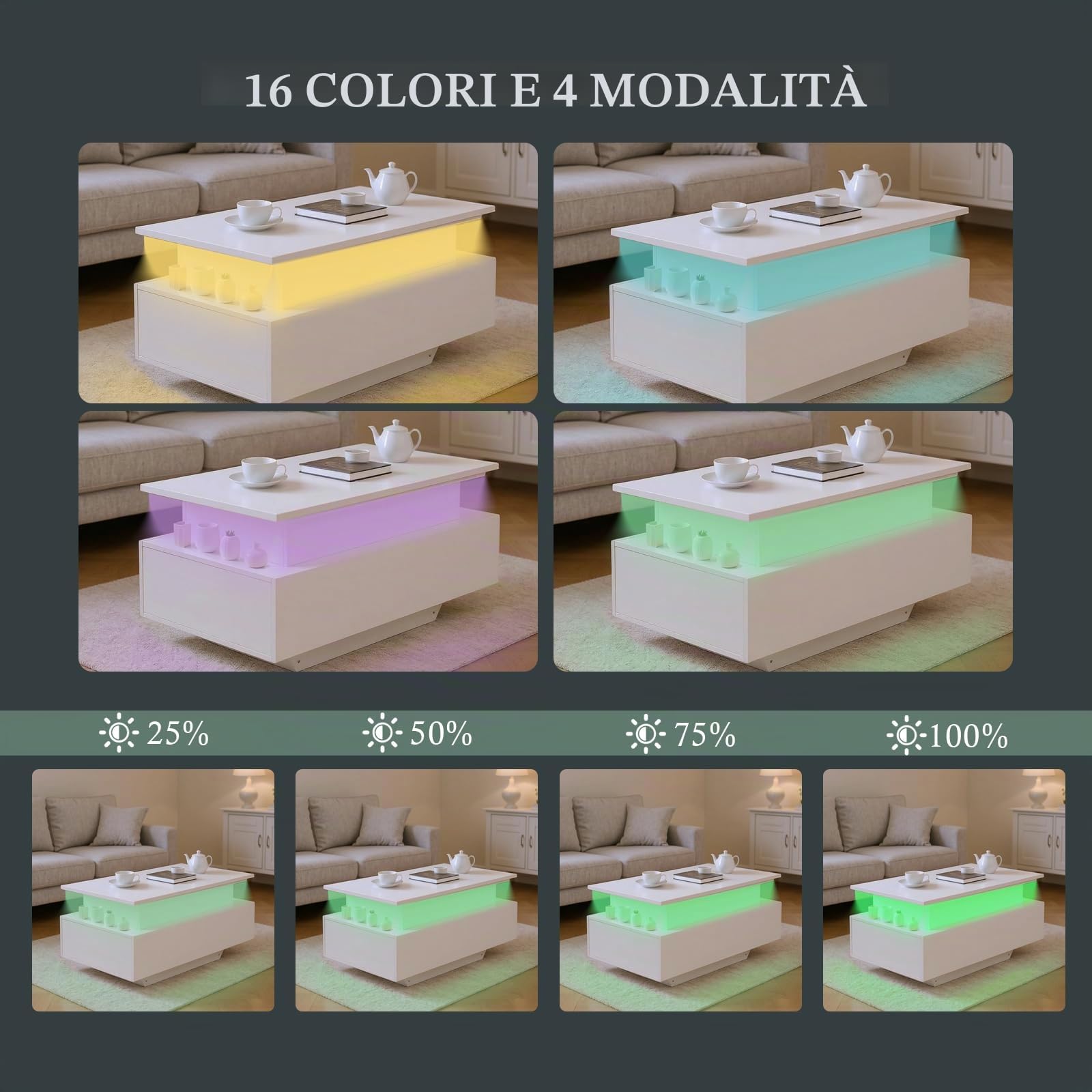 Tavolino da salotto regolabile in altezza, lucido, con illuminazione a LED, scaffale aperto e 2 cassetti, moderno, 85 x 50 x 45 cm, bianco