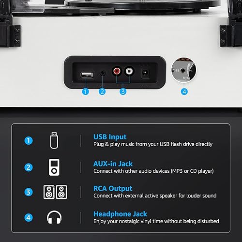 Miniatura 3 de Reproductor de discos de vinilo con altavoces mejorados, soporte para tocadiscos Bluetooth, entrada auxiliar USB, salida de línea RCA, parada