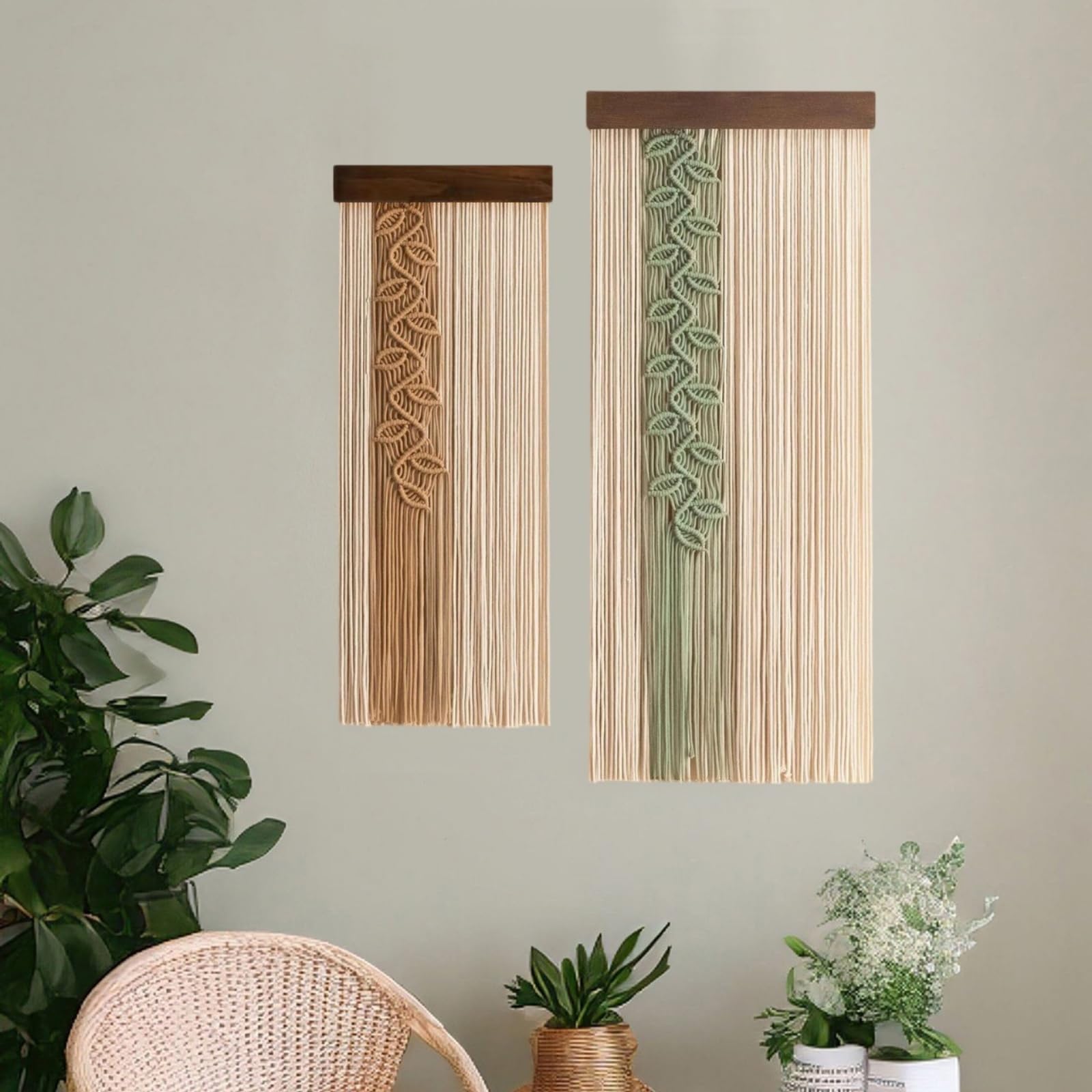 Makramee Wandbehang mit Holzleiste, Boho Makramee Wanddekoration mit Blättern, Handgemachte Fransen Wandteppich für Wohnzimmer, Schlafzimmer & Büro Dekoration (GB)