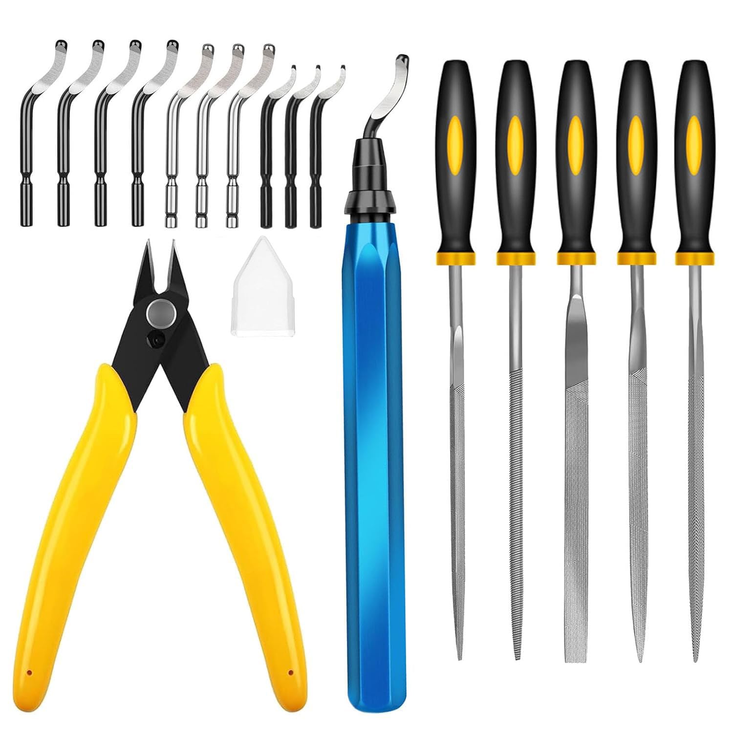 Nujzuir 3D Print Deburring Tool Set: 11 HSS Blades, 5 Needle Files, Micro Wire Cutter for Resin, Metal, Plastic Edges