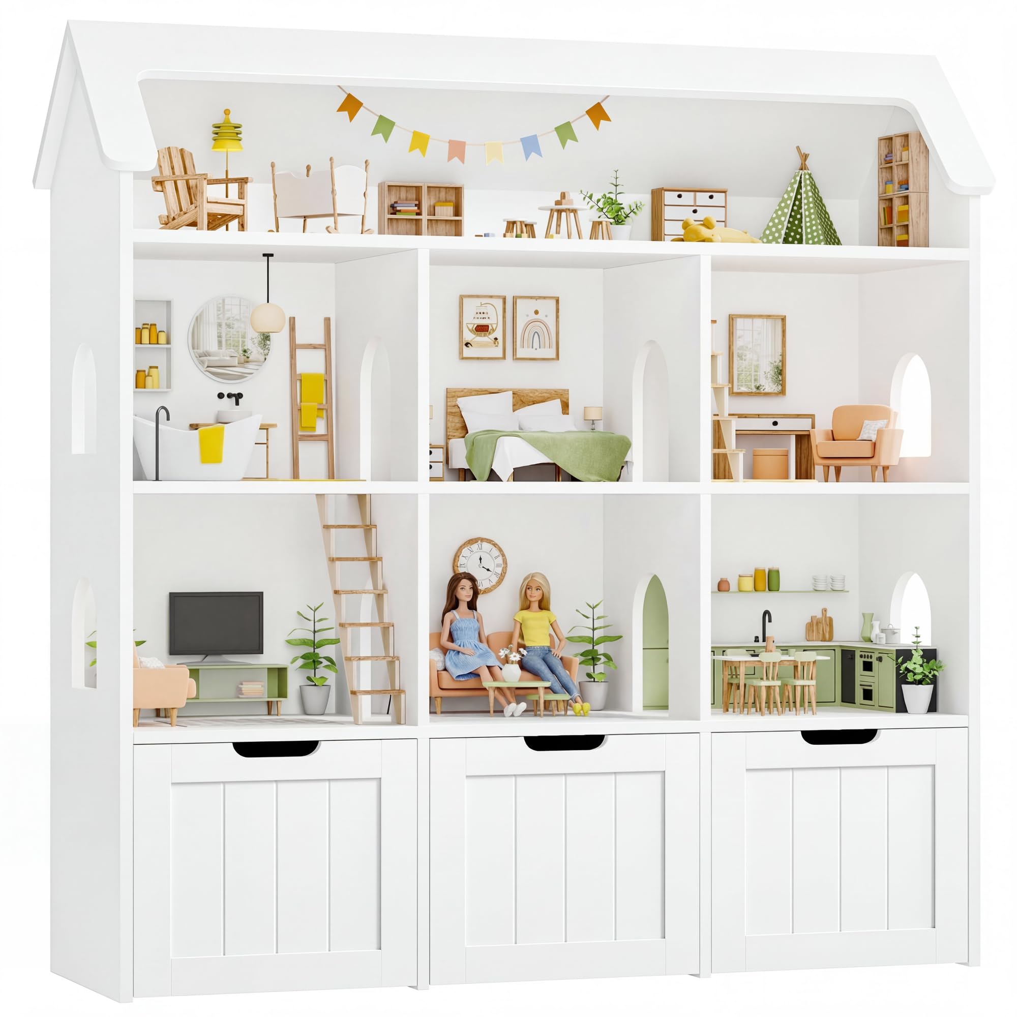FOREHILL Meuble Rangement Enfant, Maison de Poupée, Bibliothèque Enfant avec 7 Étagères 3 Tiroirs Roulants, Rangement Jouet Chambre Enfant, 120x30x117.5cm, Blanc