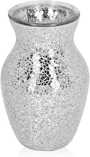 Florero de mosaico, florero decorativo de cristal, florero alto plateado para decoración de la casa, jarrón de metal plateado para sala de estar y