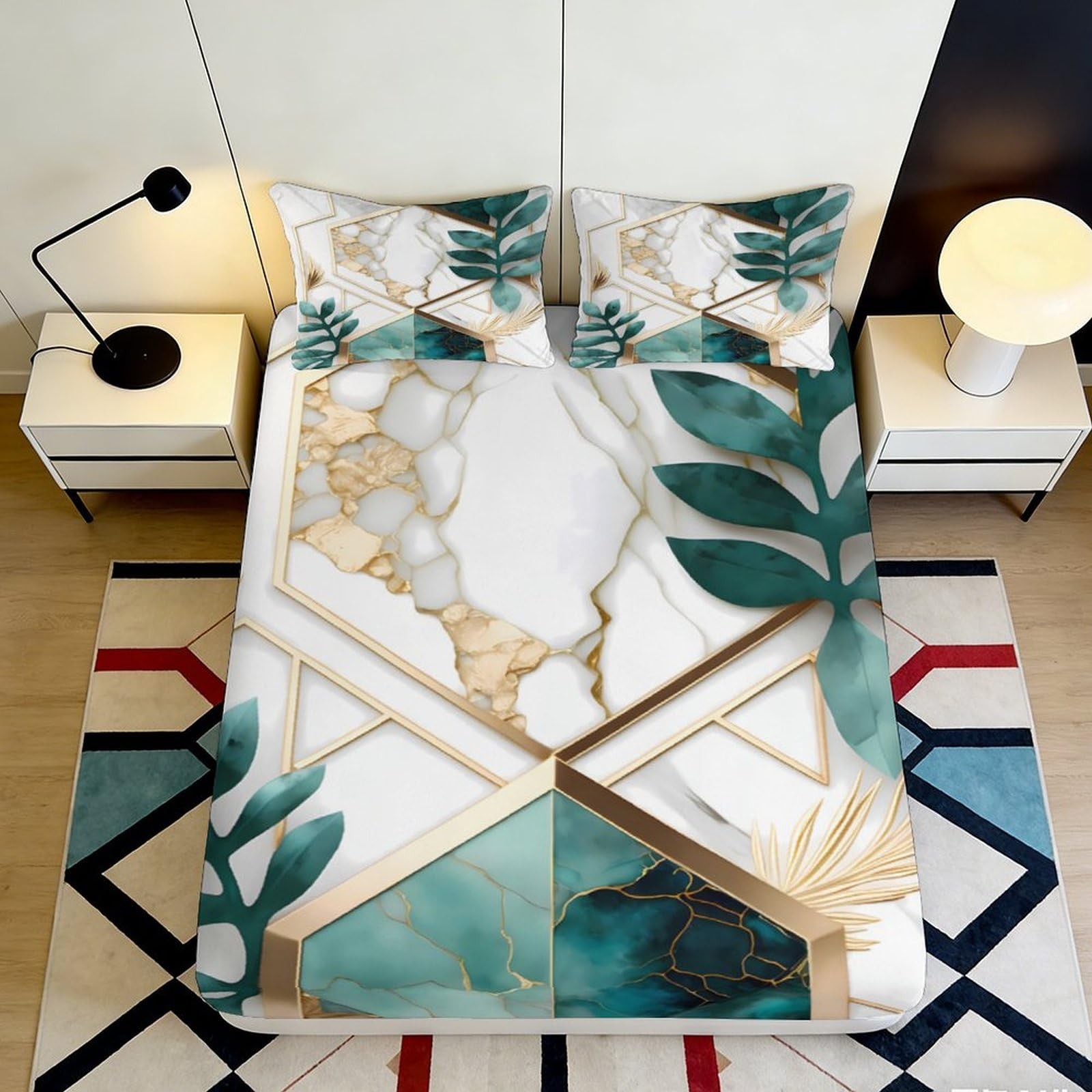 3D Printed Emerald Marble Fitted Sheet Microfiber Anti-Slip Geometric Leaf Mattress Cover Bedroom Decor 90x200x25cm
