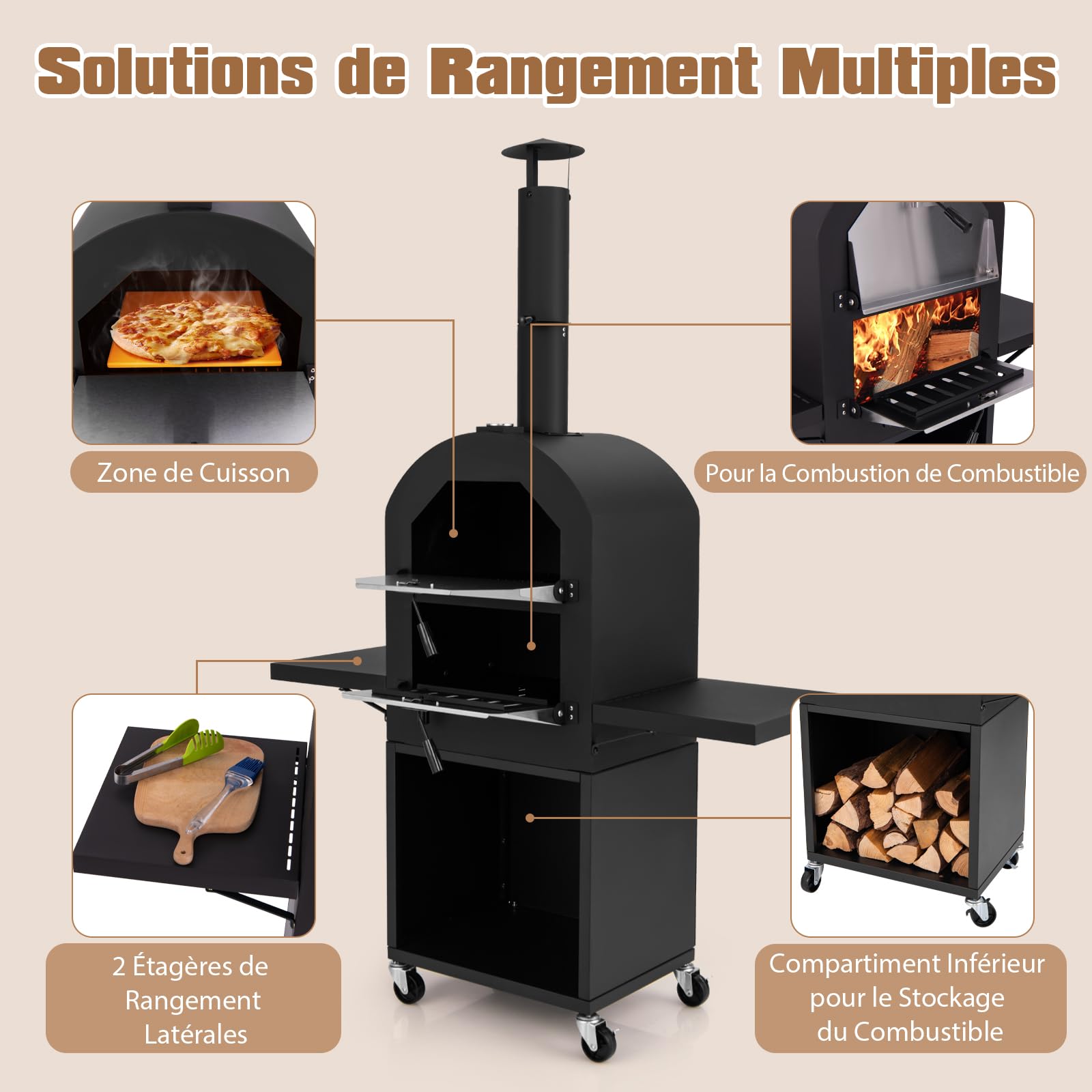 GYMAX Four à Pizza d'Extérieur à Bois ou à Pellet, Pierre 30 cm, Thermomètre, Pelle, 2 Grilles, Mobile