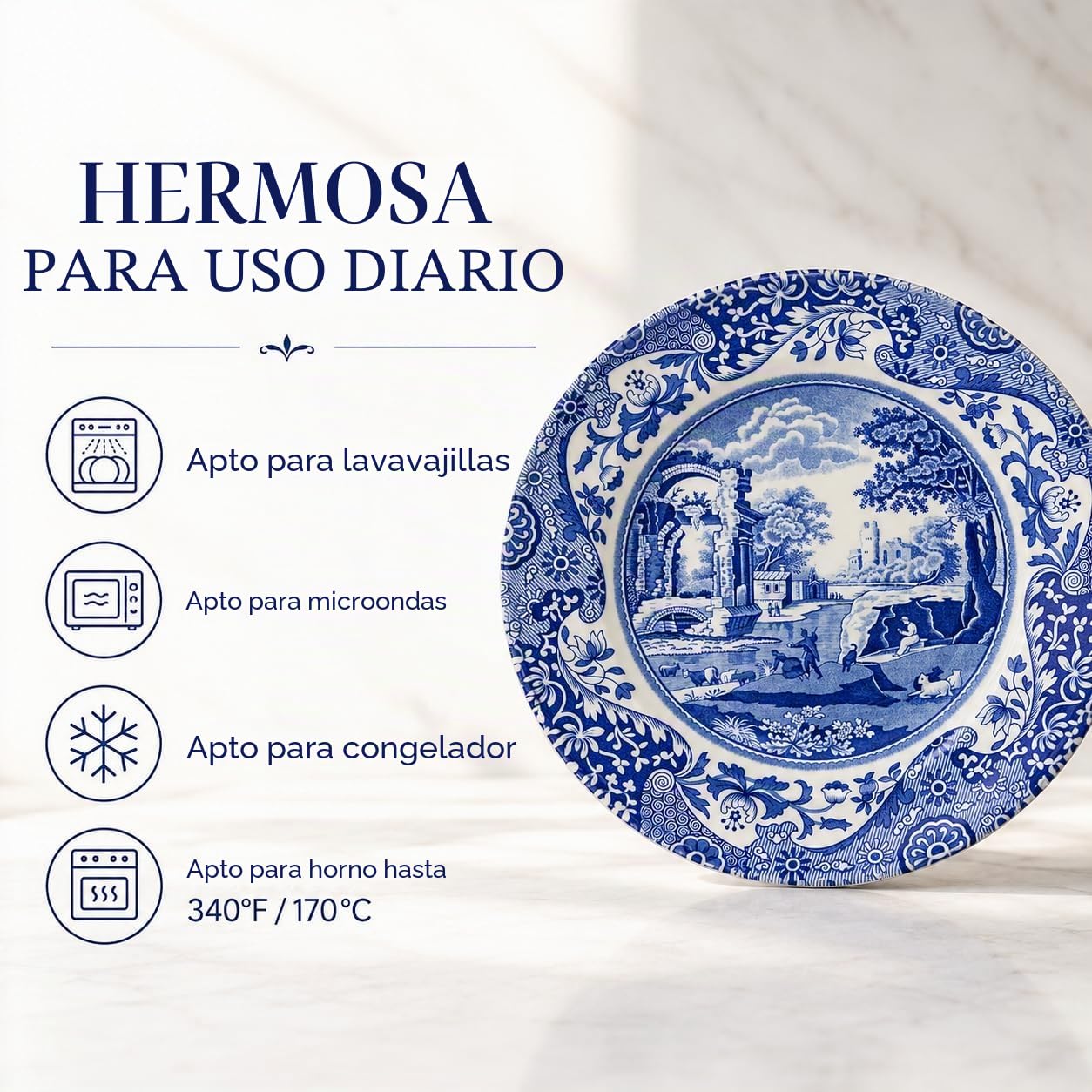 Spode Juego de 4 platos de ensalada italianos azules, 7.25", loza fina, fabricado en Inglaterra, apto para lavavajillas (azul/blanco, 8")