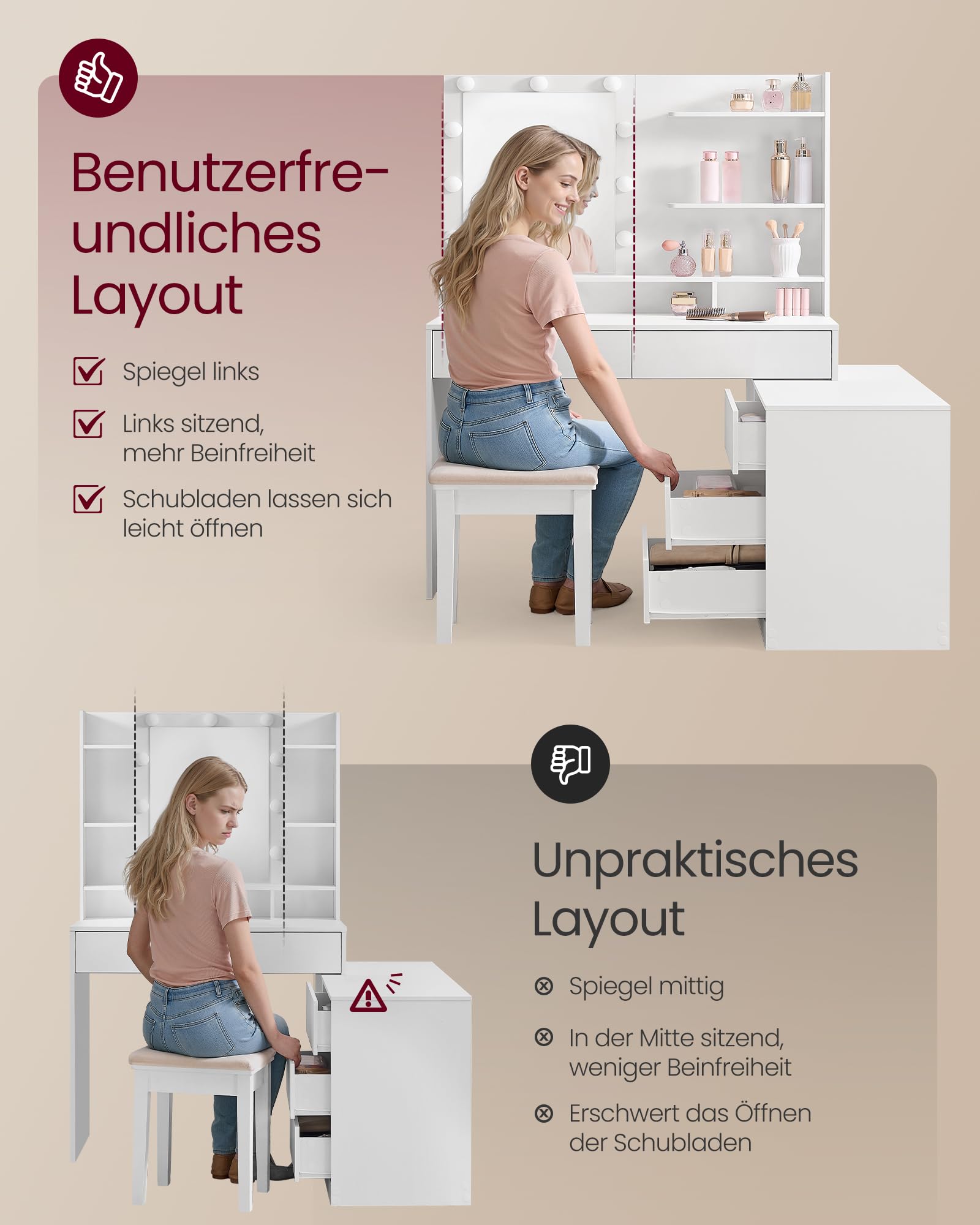 VASAGLE Kailyn Kollektion - Schminktisch mit Spiegel und LED-Beleuchtung, Frisiertisch 9 Glühbirnen, 8 Schubladen, 3 Ablagen, 3 Lichtfarben, gerade oder L-förmig, wolkenweiß RDT140WB01