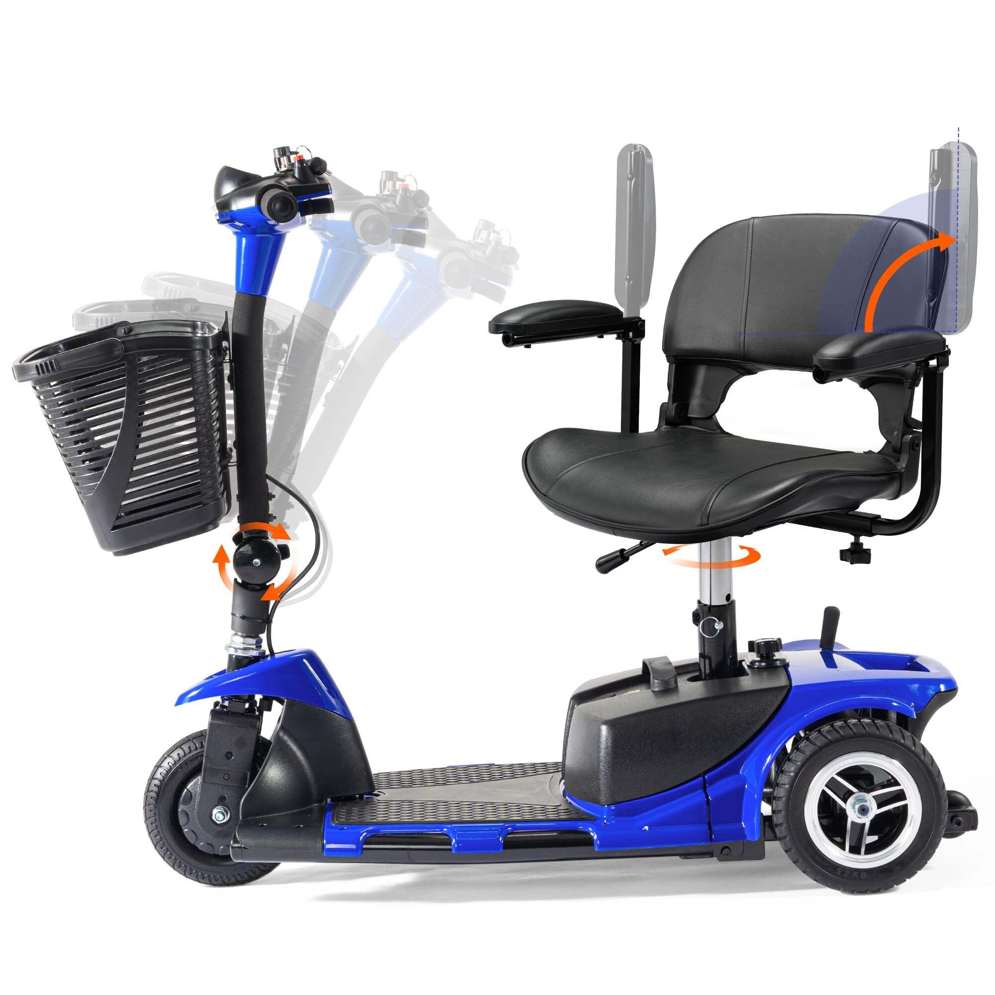 3 Wheel Mobility Scooters for Adults, Electric Powered Mobile Wheelchair Medical Aid, Folding Collapsible Compact for Travel, Seniors, Adults, Long Range Battery with Charger Basket Included (Blue)