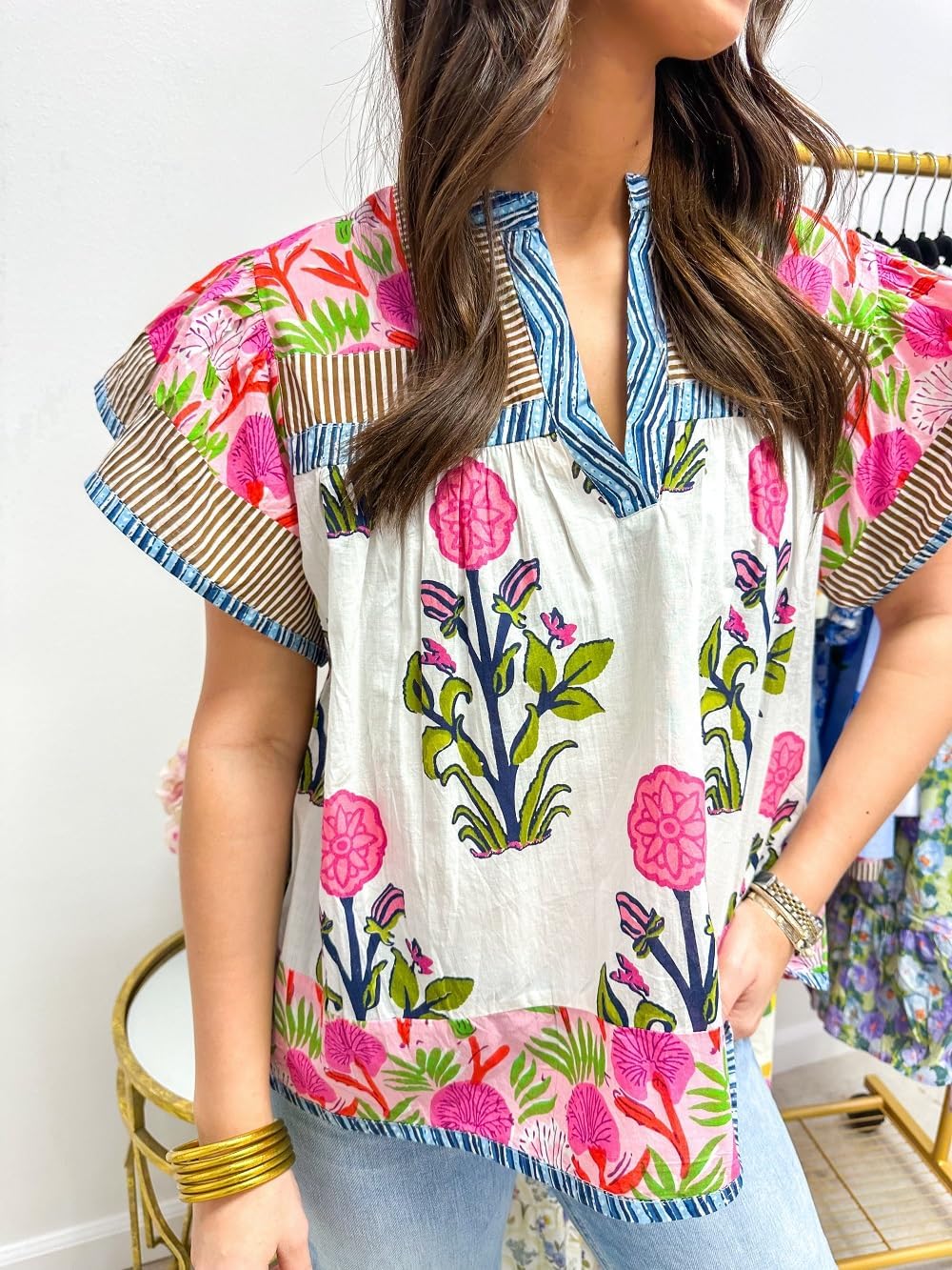 Women Boho Floral Peplum Shirt Flutter Sleeve Ruffle Babyboll Tops V Neck Patchwork Going Out Blouse Top - Image 4