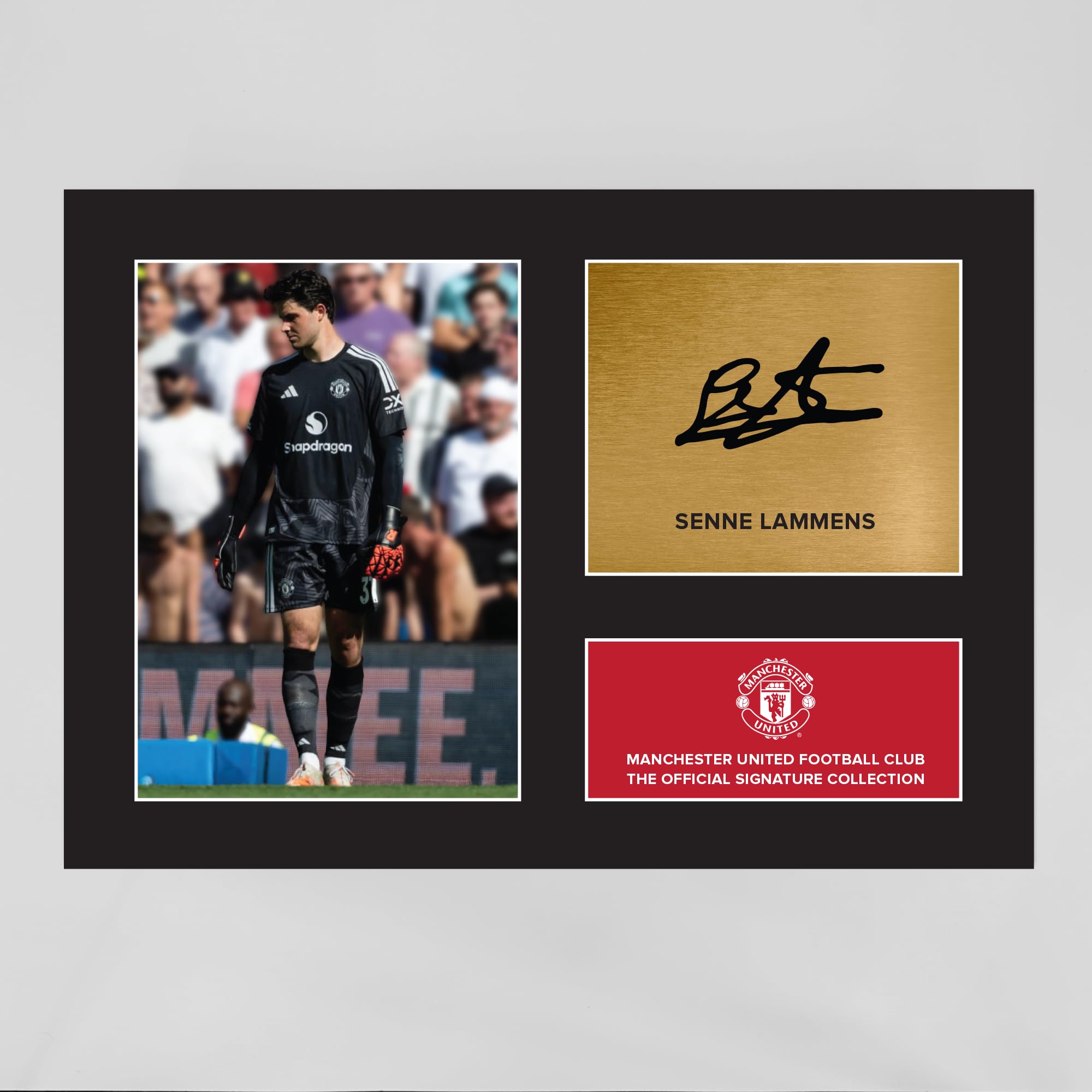 Themed Manchester United Official Signature Collection Print – Senne Lammens Signed Autograph Photo Display – Manchester United Gift for Birthday, Mounted and Framed, 29.7cm x 42cm - A3