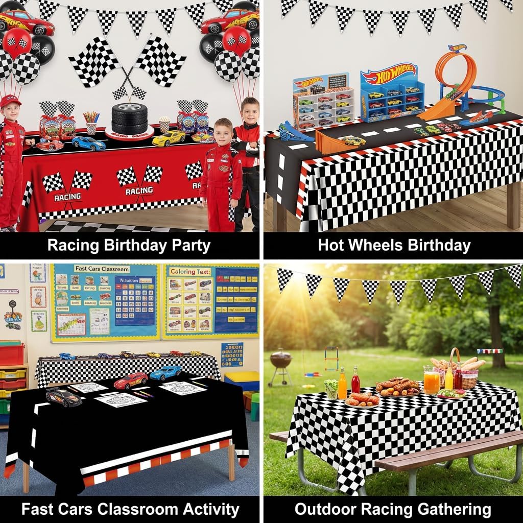 4 Pack Racing Car Tablecloth - Race Car Birthday Party Decorations Racetrack Rectangular Tablecloth - Checkered Table Cover for Race Car Theme Party, 54 x 108 Inch