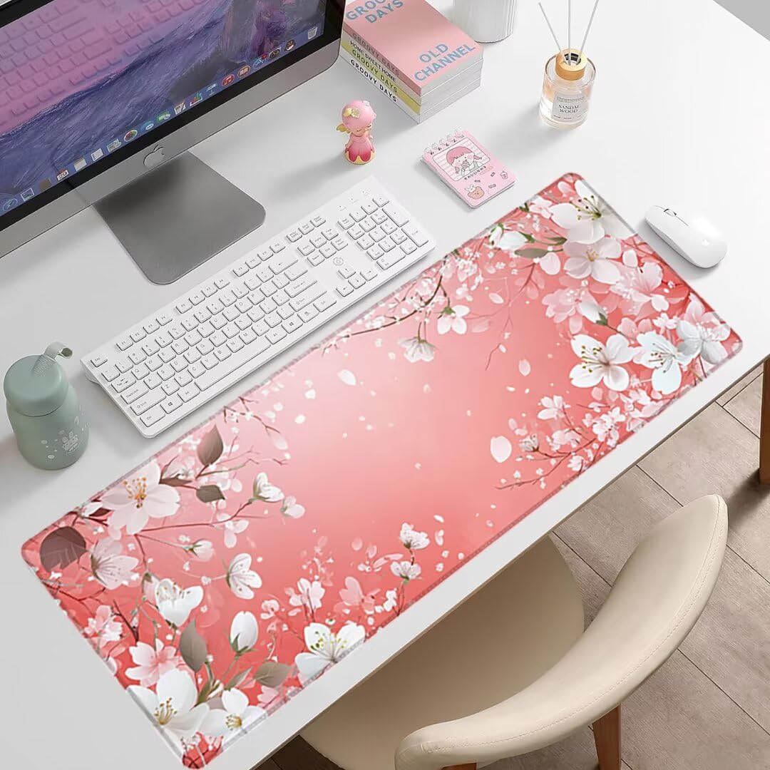 Podkładka pod mysz XXL Kwiaty Wiśni - 1400x600x3mm - Różowa Duża mata na biurko z przeszytymi krawędziami i antypoślizgowa Wodoodporna do PC, przenośna poprawia precyzję i szybkość -36502