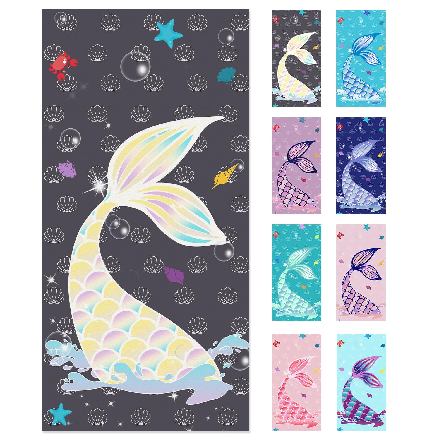 Jessy Home 4 Pack Mermaid Beach Towel 30"x60" Soft Microfiber Swim Towels Absorbent Quick Dry Sand Free Beach Towels Set for Girls &amp; Women for Beach Travel - Black Gold