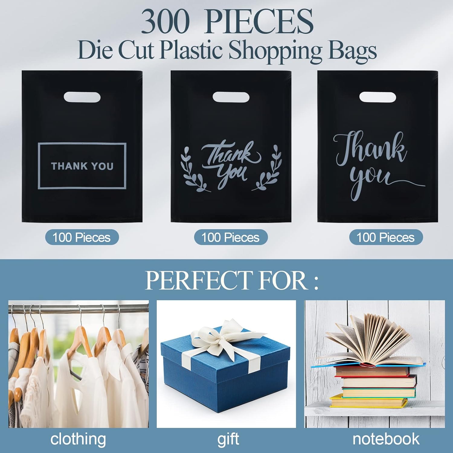300 Pack Thank You Merchandise Bags 2.36 Mil Retail Shopping Thank You Bags for Small Business Die Cut Plastic Shopping Goodie Bag Reusable Gift Bag for Store Boutique Present, Black (9" x 12")