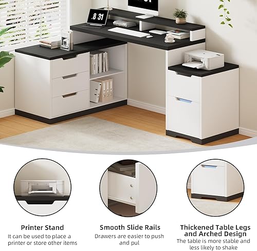 Vista 7 de Escritorio ejecutivo en forma de L con cajones de archivos y gabinete de almacenamiento, escritorio de esquina para computadora con tomas