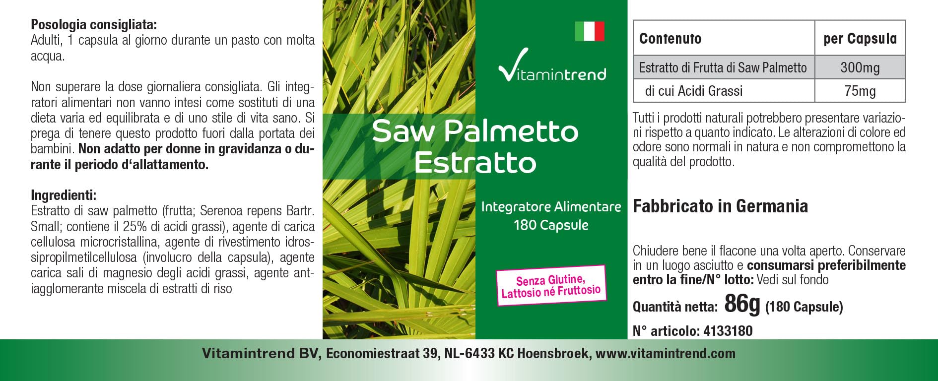Vitamintrend Extracto de palma enana americana 300 mg, 180 cápsulas, fácil de tragar, complemento alimenticio vegano sin estearato de magnesio, fabricado en Alemania