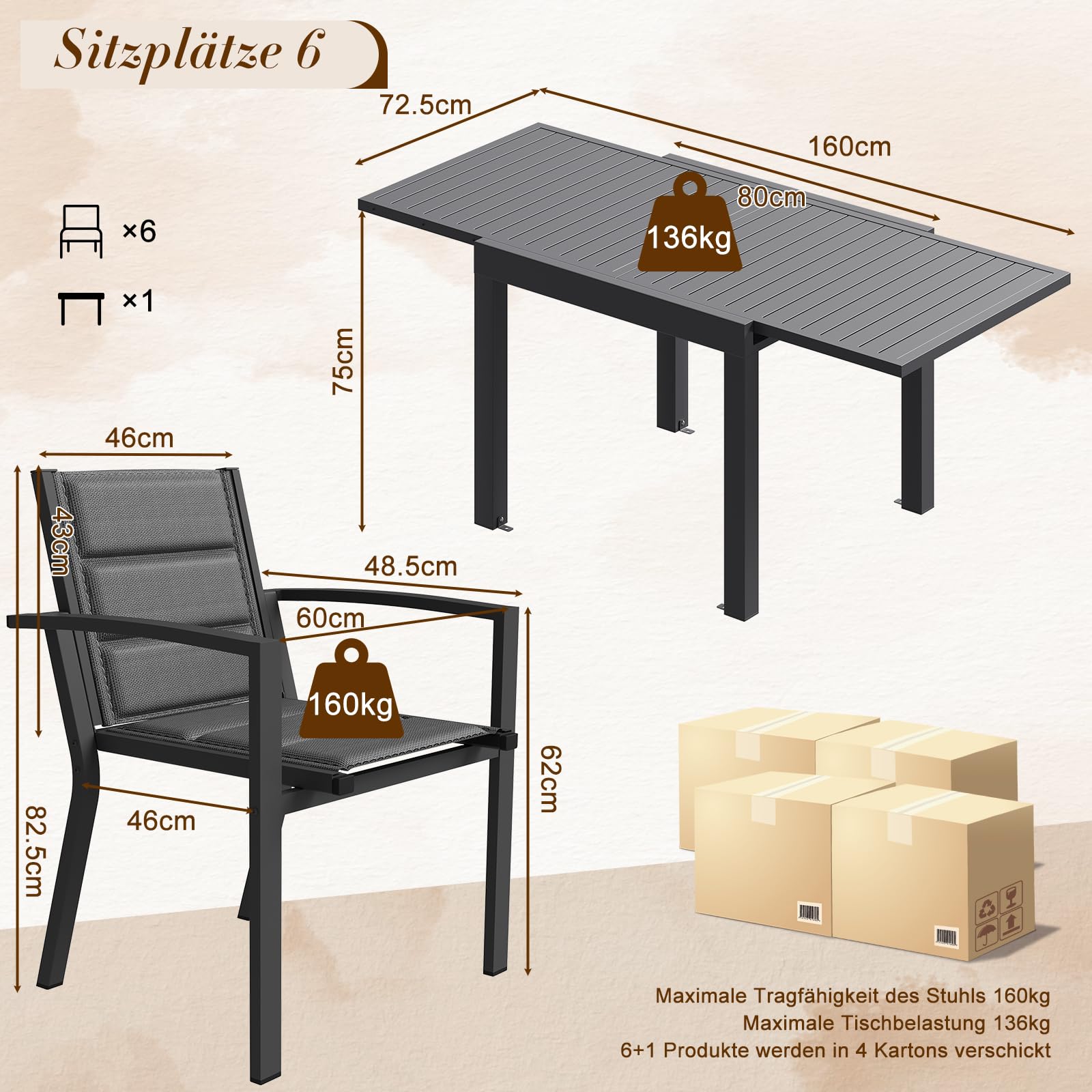 TRIUMPHKEY Salon de Jardin Extérieur 6 Personnes en Aluminium - Table Extensible (80-160 cm) & 6 Chaises Stapelables - Ensemble Terrasse et Jardin, Gris foncé