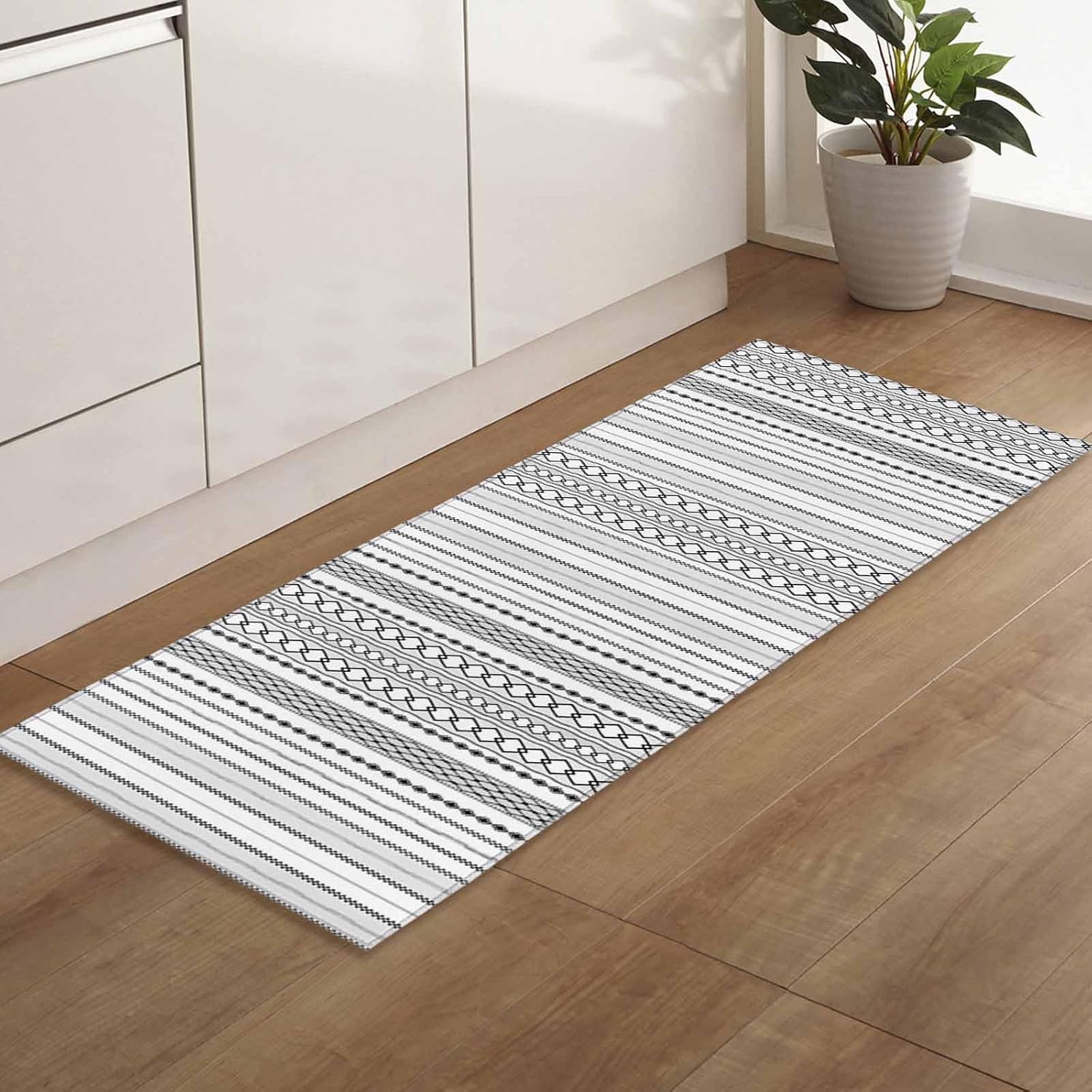 Teamery Kitchen Mats for Floor Black and White Stripes Boho Style Washable Non Slip Kitchen Rugs 1PCS, Abstract Ethnic Style Absorbent Standing Mats for Sink Bathroom Office Living Room 23.6x70.9in