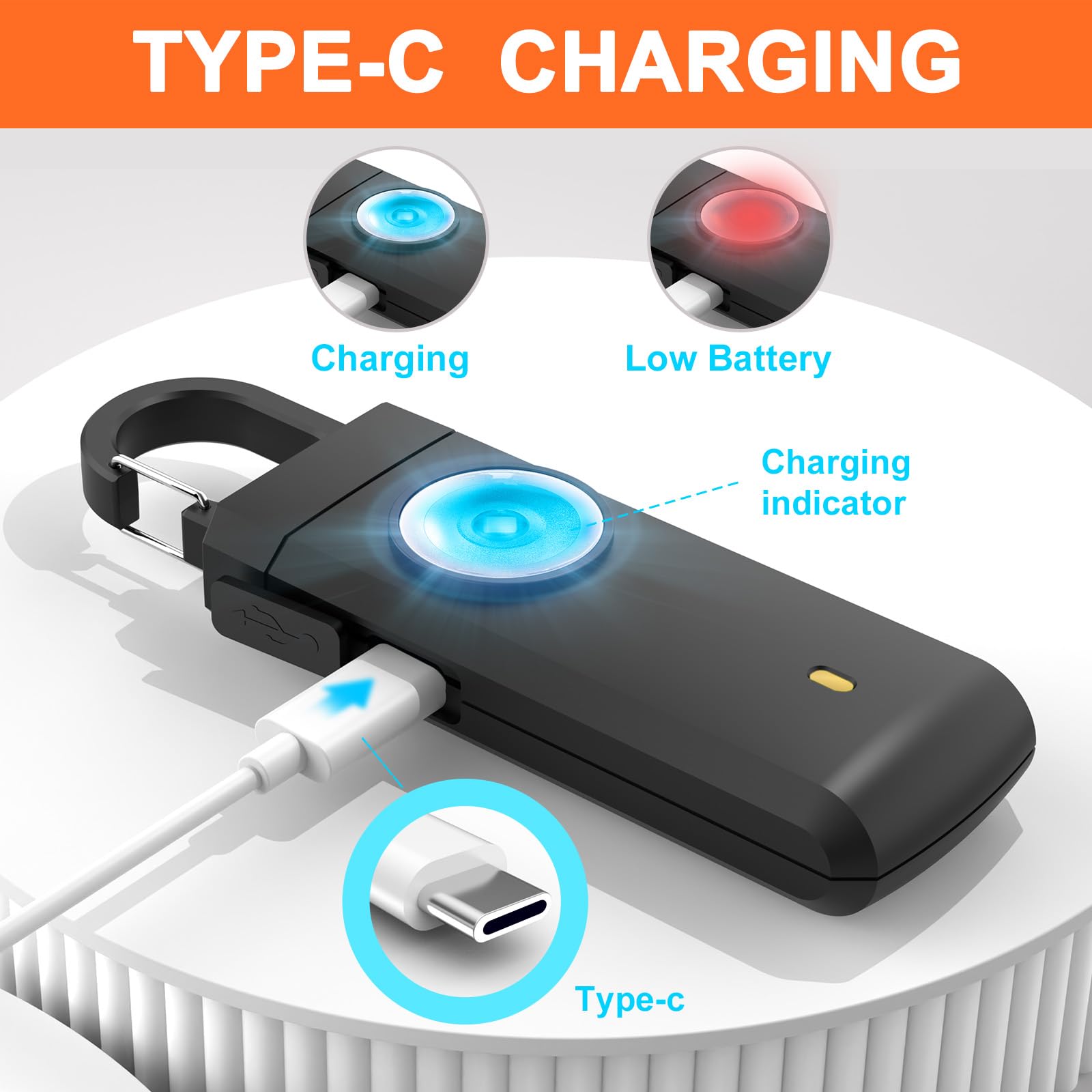 Lot de 4 alarmes de sécurité personnelles, sirène d'autodéfense rechargeable de 130 dB avec lumière stroboscopique LED, alarme porte-clés d'urgence USB-C pour femmes, enfants, personnes âgées, 4