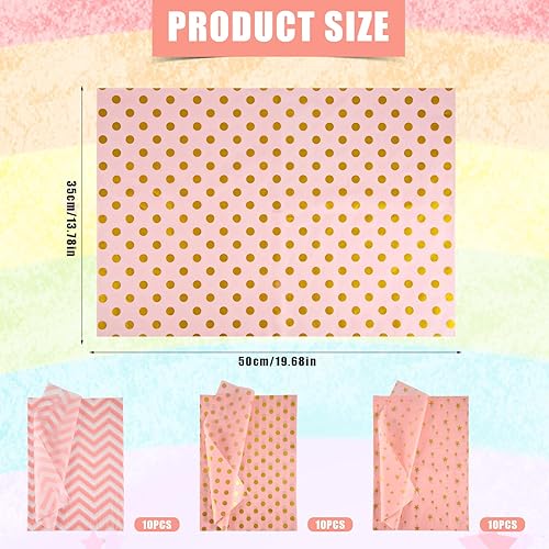 Miniatura 2 de 30 hojas de papel de seda rosa, 19.68 x 13.78 pulgadas, diseño de estrellas y puntos redondos, ondulados, hojas decorativas para envolver regalos