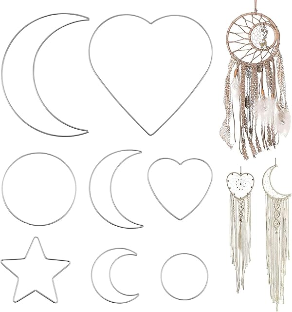 EXCEART 8Pcs Metal Dream Catcher Rings for Macrame Hoop Dreamcatcher Wreath Floral Hoop Decor DIY Making Macrame Wall Hanging Moon Star Heart Round Circle Dream Catcher Craft