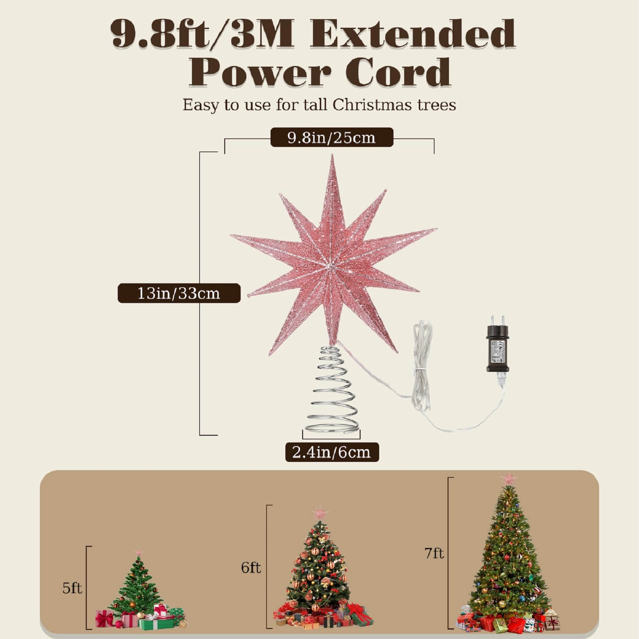 Lewondr Étoile de Cime d'arbre Noël, 13 Pouces Étoile de Noël à 10 Pointes Lumineuse avec Prise et Télécommande pour Décoration, Minuterie 6H & 8 Modes d'Éclairage, Lumière Chaude, Rose