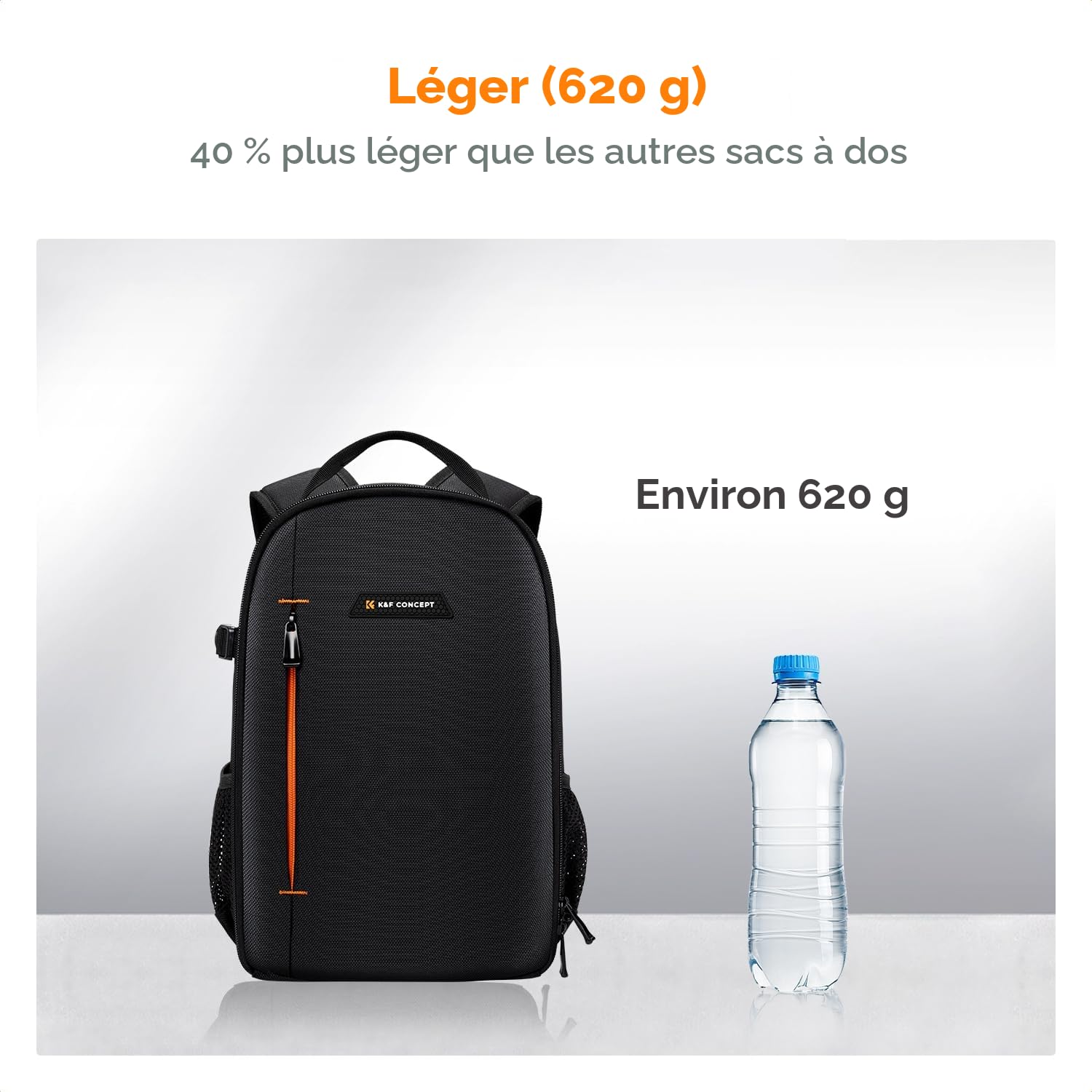 K&F CONCEPT Sac appareil photo, Sac à dos compact et résistant à l'eau pour appareil photo reflex, objectifs, tablettes, trépieds et accessoires photographiques