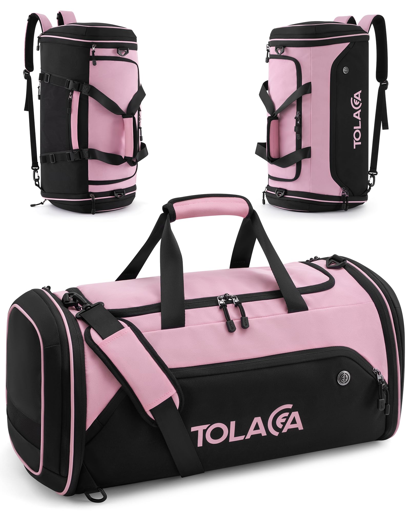 Tolaccea Sporttasche 56–70L für Herren & Damen – Erweiterbare Reisetasche mit Schuhfach & Nassfach, als Rucksack tragbar, für Fitness, Gym, Schwimmen, Fußball, Reisen (Schwarz-Rosa)