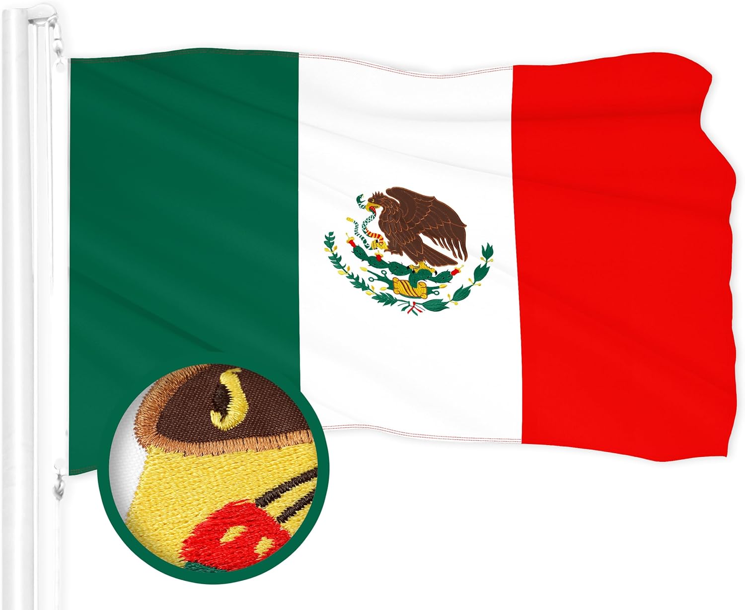G128 Mexico Mexican Flag | 4x6 Ft | ToughWeave Series Embroidered 210D Polyester | Country Flag, Embroidered Design, Indoor/Outdoor, Vibrant Colors, Brass Grommets, Quality Polyester