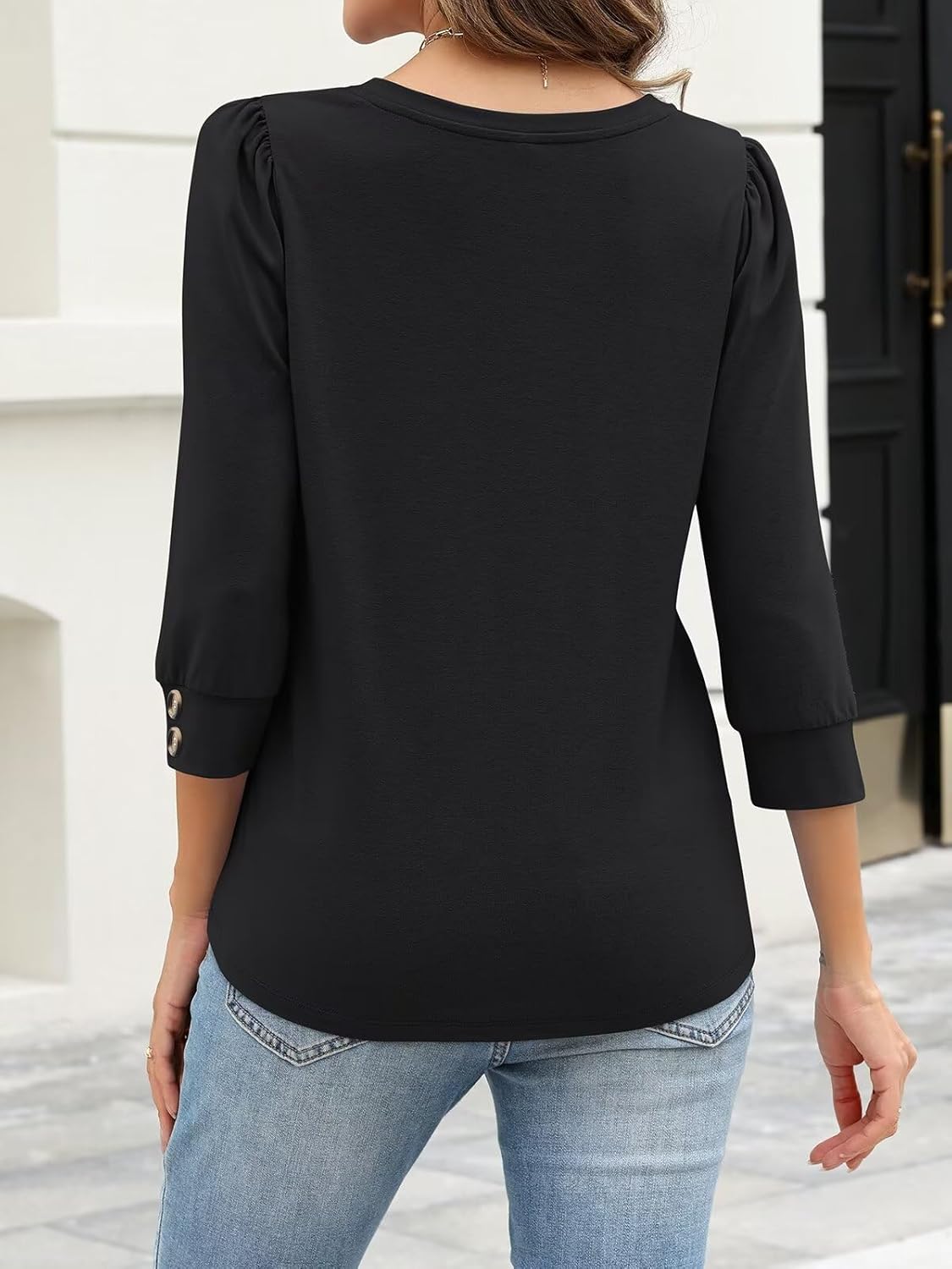 Women's 3/4 Length Sleeve Tops with Buttons V Neck T Shirts Business Casual Blouses Loose Fit Summer Tunic Clothes - Image 4