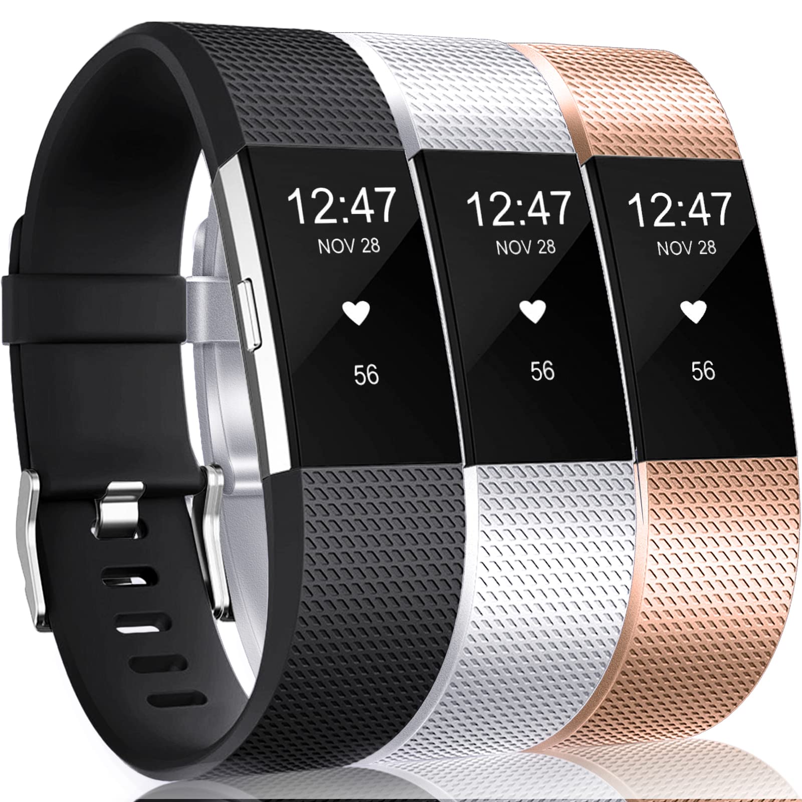 Wepro Bands Compatible with Fitbit Charge 2 HR, 3-Pack Adjustable Wrist Replacement Band for Women Men