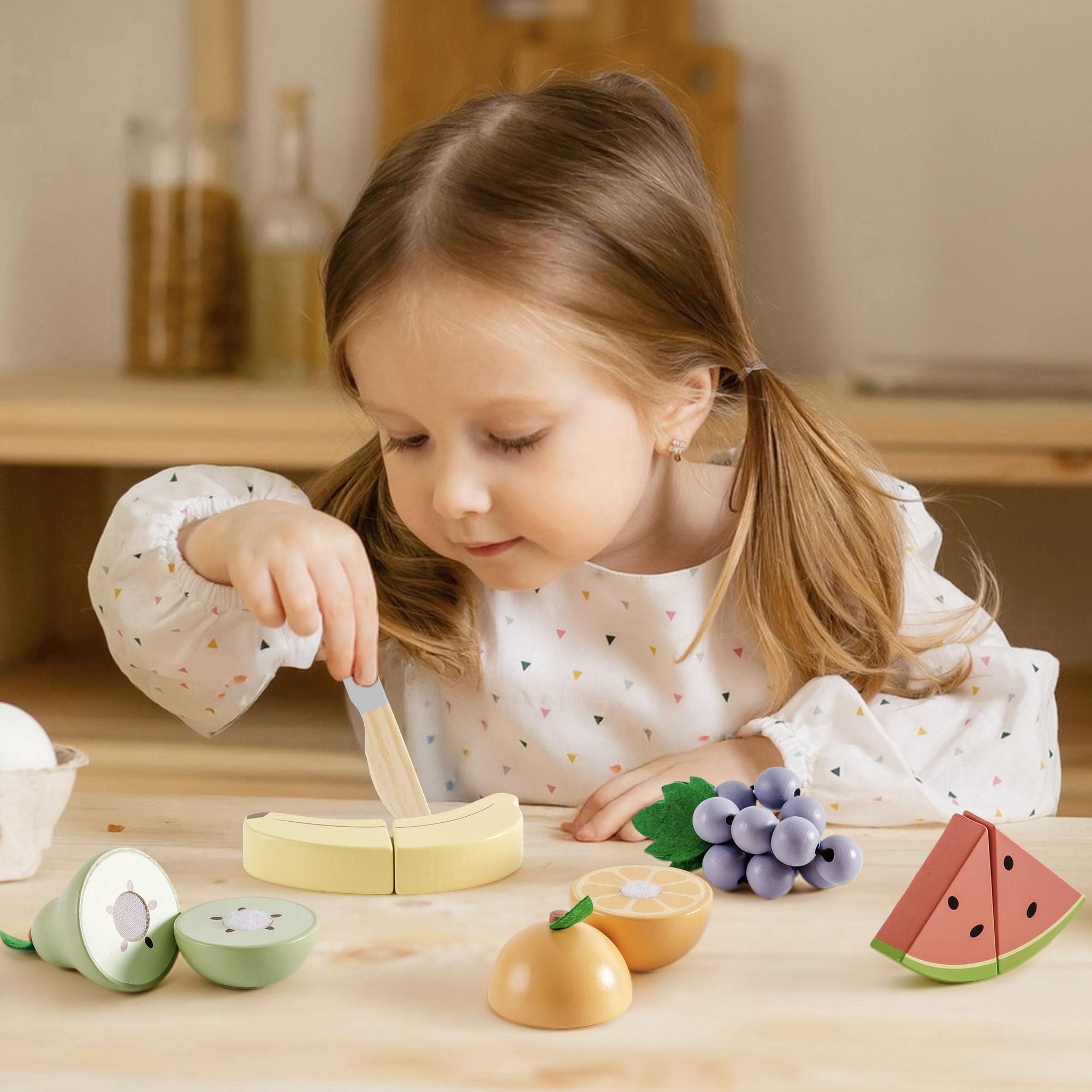 ROBUD Accessori per la cucina dei bambini in legno per giocattoli, alimenti per giochi di ruolo, cucine da gioco con custodia, regali per bambini a partire dai 3 anni in su, set di frutta