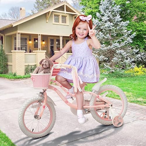 Miniatura 6 de ACEGER - Bicicleta para niñas de estilo princesa con cesta para niños de 3 a 14 años, bicicleta de 14, 16, 18 pulgadas, con ruedas de entrenamiento