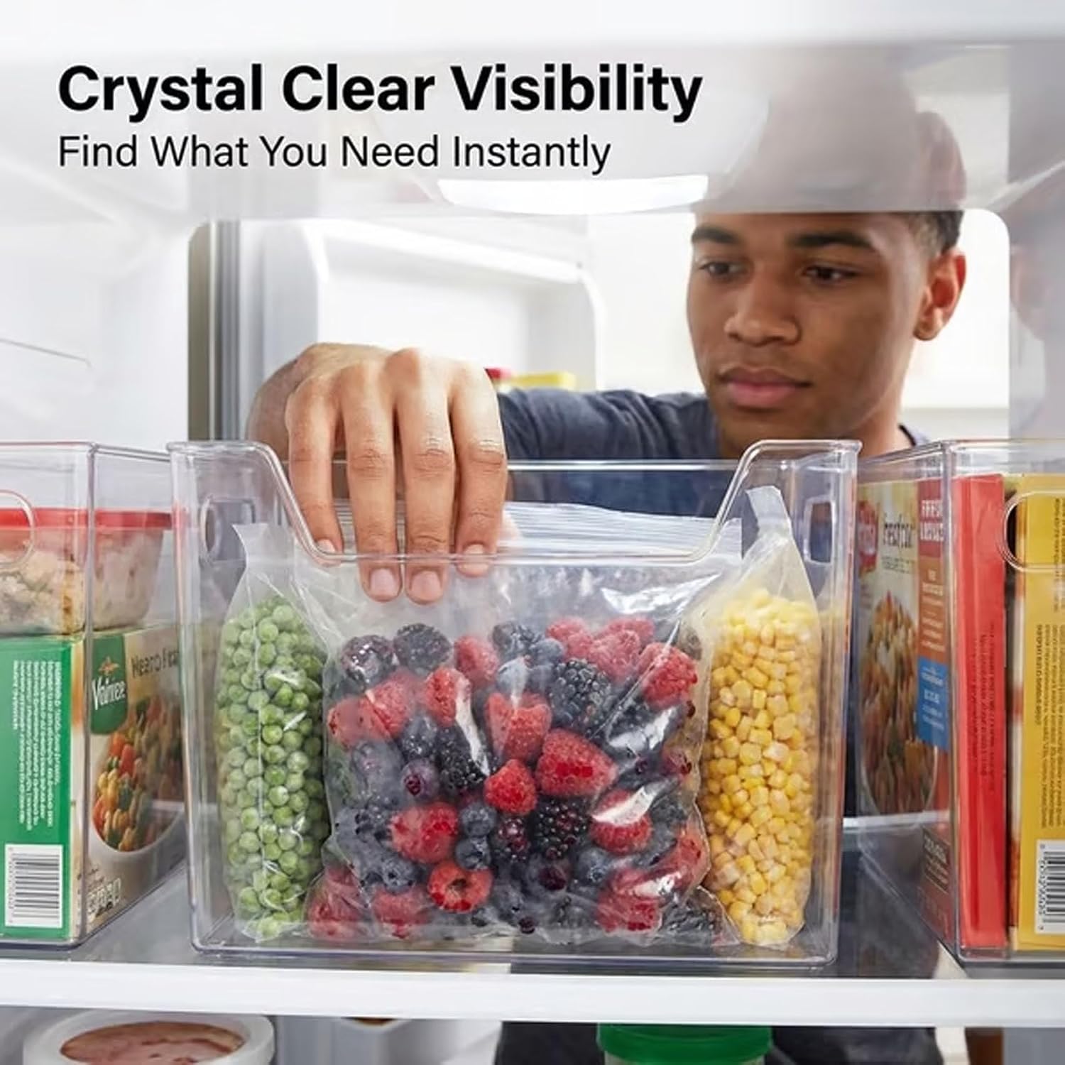 Crystal Clear Freezer Storage Bins, 4 Pack Clear Plastic Bins for Refrigerator and Pantry, Stackable Kitchen Pantry Snack Storage Containers, for Meat and Veggies (8PCS - L)