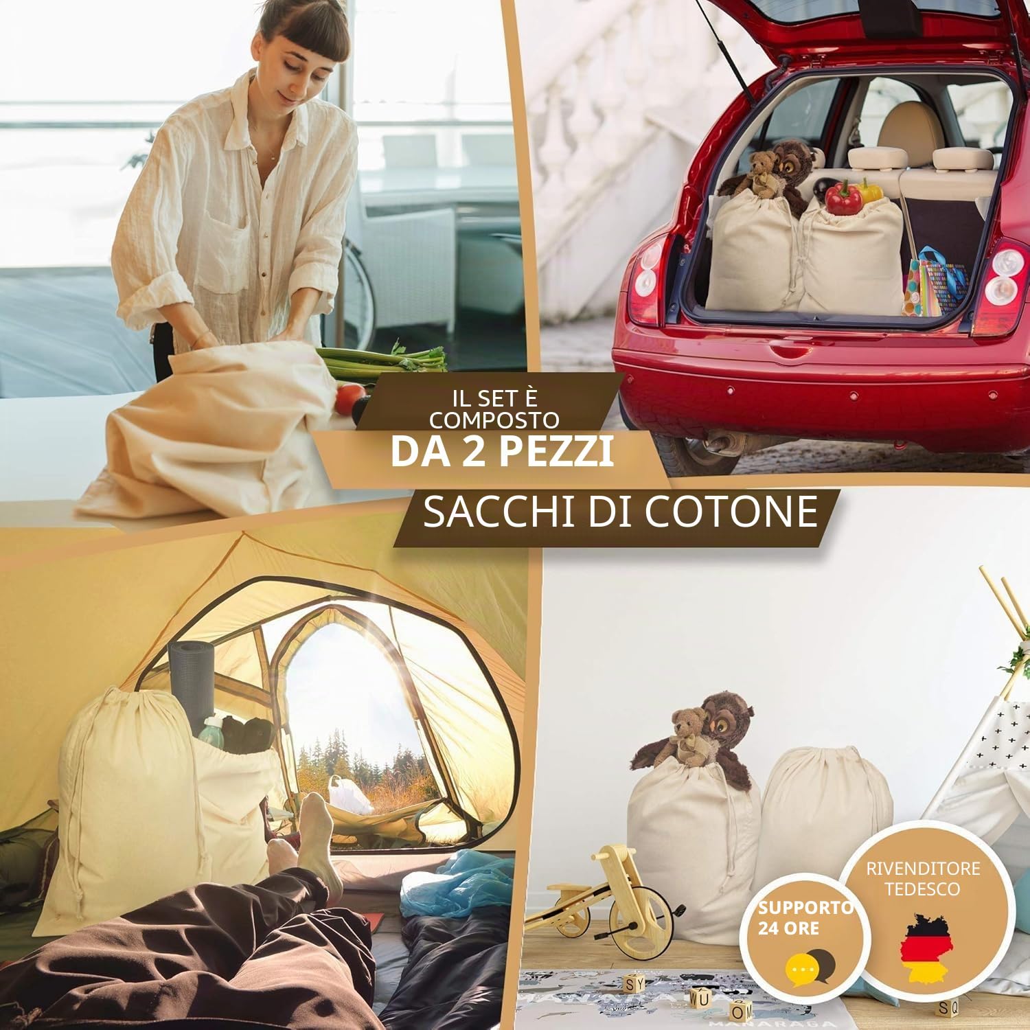 ELES VIDA® - XXL Sacchetto per il bucato 2 Set 70 x 90 cm in 100% cotone - XL - extra large per uso intensivo - durevole, con coulisse, sacchetto per il Colore Naturale